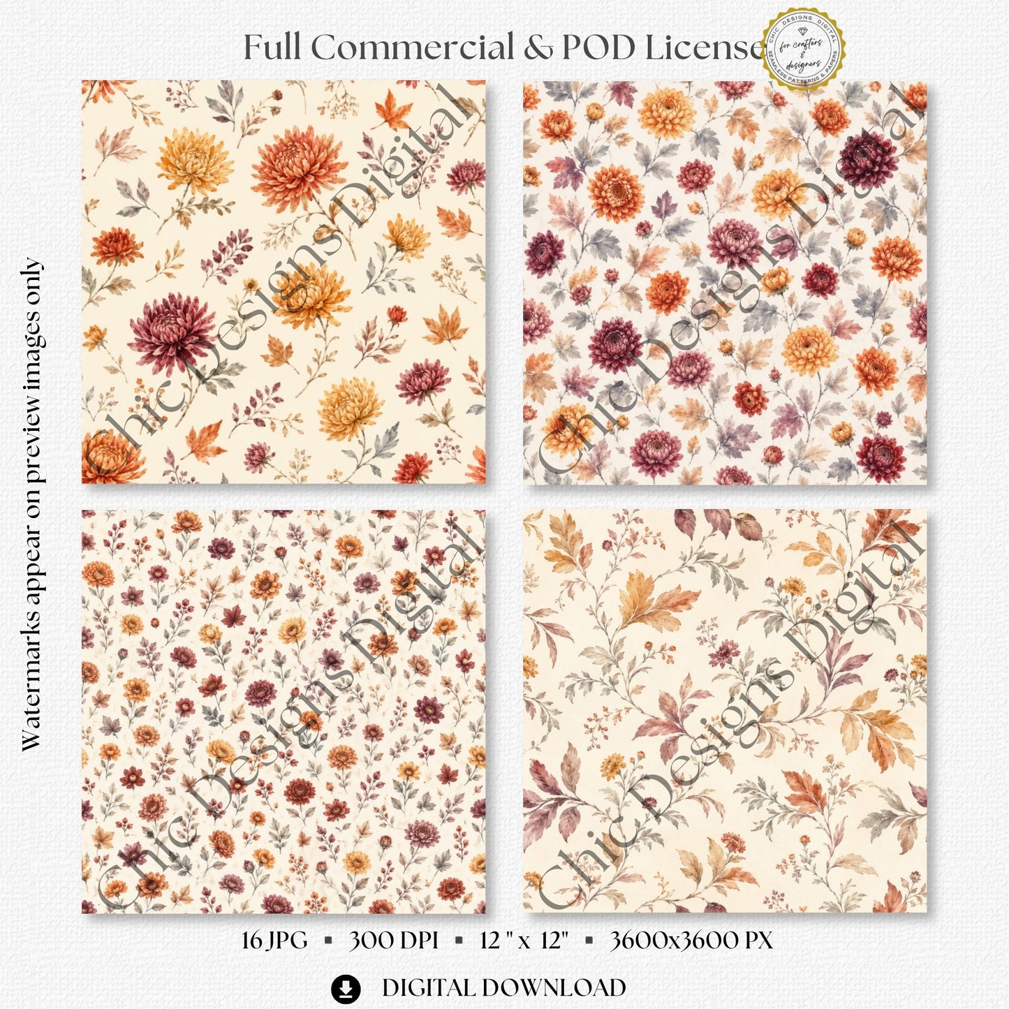 Four coordinating autumn floral patterns featuring scattered chrysanthemums, dense small blooms, leafy stems and delicate botanical arrangements in orange, burgundy and muted grey.