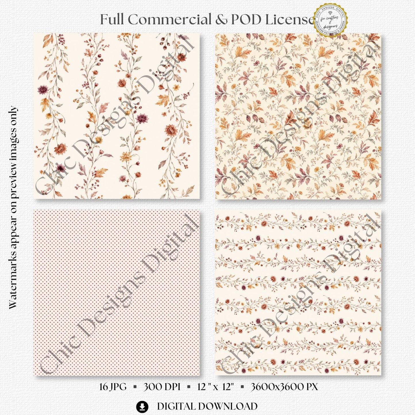 Four delicate coordinating papers featuring trailing floral vines, repeating autumn botanicals, burgundy polka dots and horizontal flower-and-leaf borders on cream.