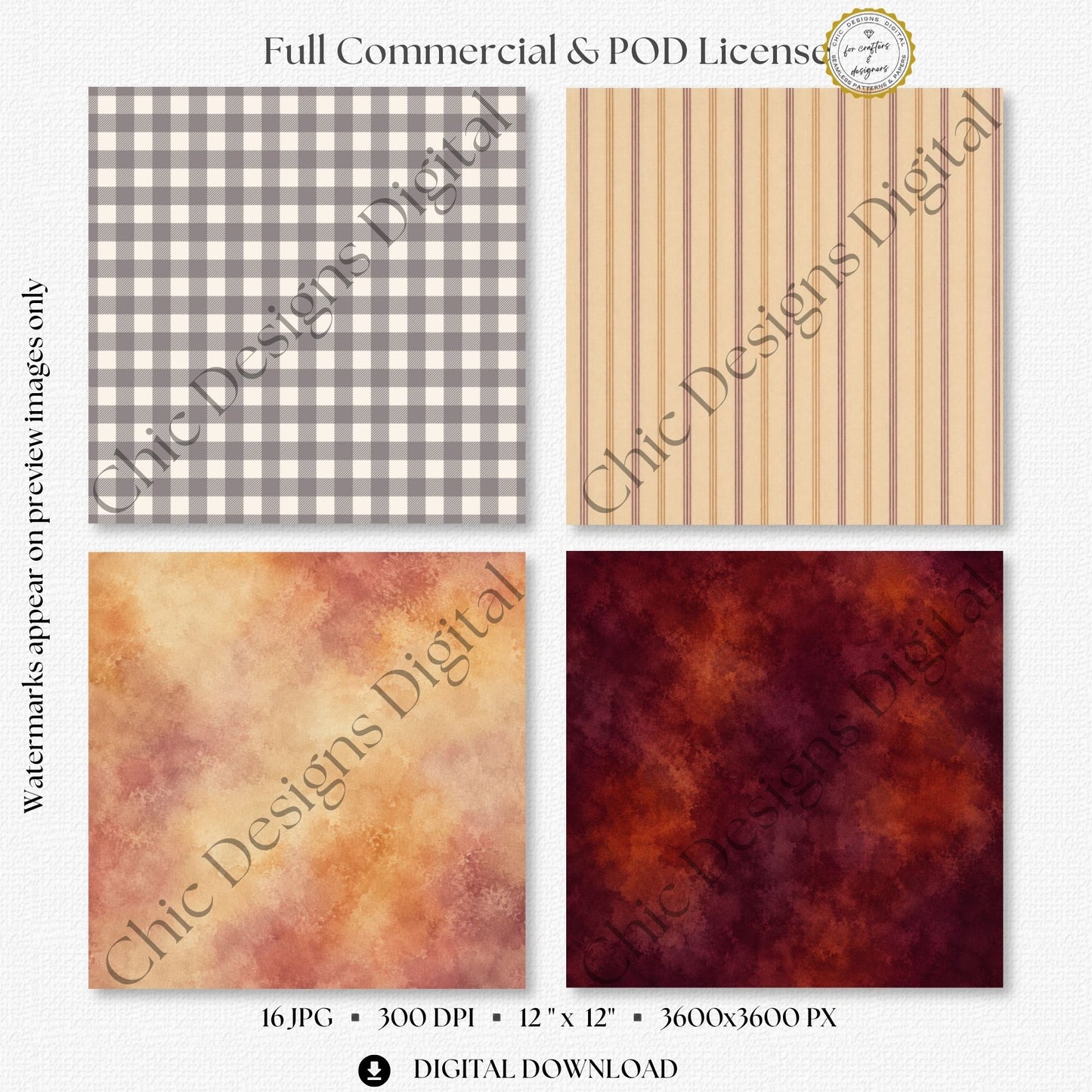 Four non-floral coordinating papers featuring grey and cream gingham, fine orange and burgundy ticking stripes, a softly aged ochre texture and a deep wine-red texture.