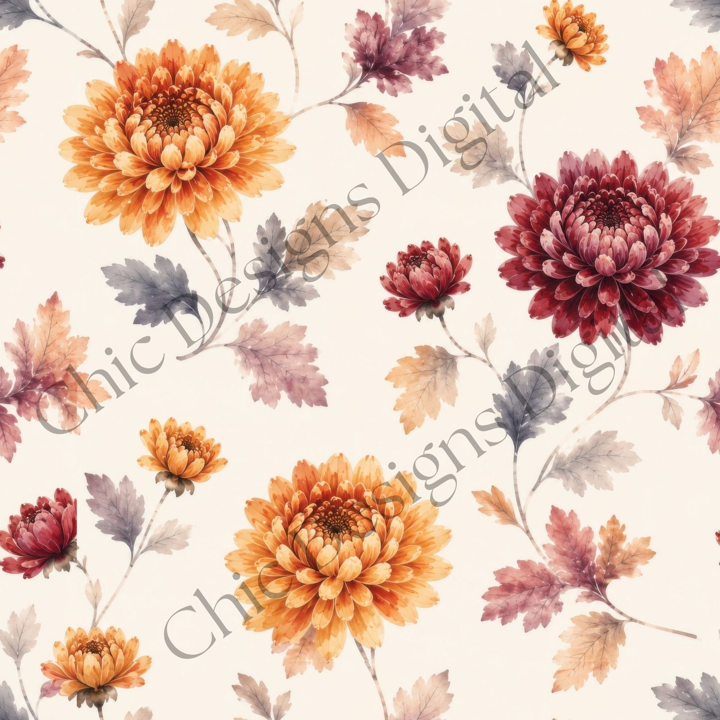 Large seamless floral pattern with orange and burgundy chrysanthemums, smaller flower buds and softly painted autumn leaves on a warm cream background.