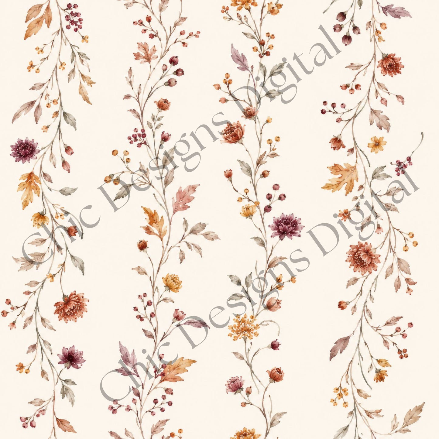 Delicate seamless botanical pattern with trailing flower stems, small chrysanthemums, berries and autumn leaves in burgundy, orange, ochre and muted green.