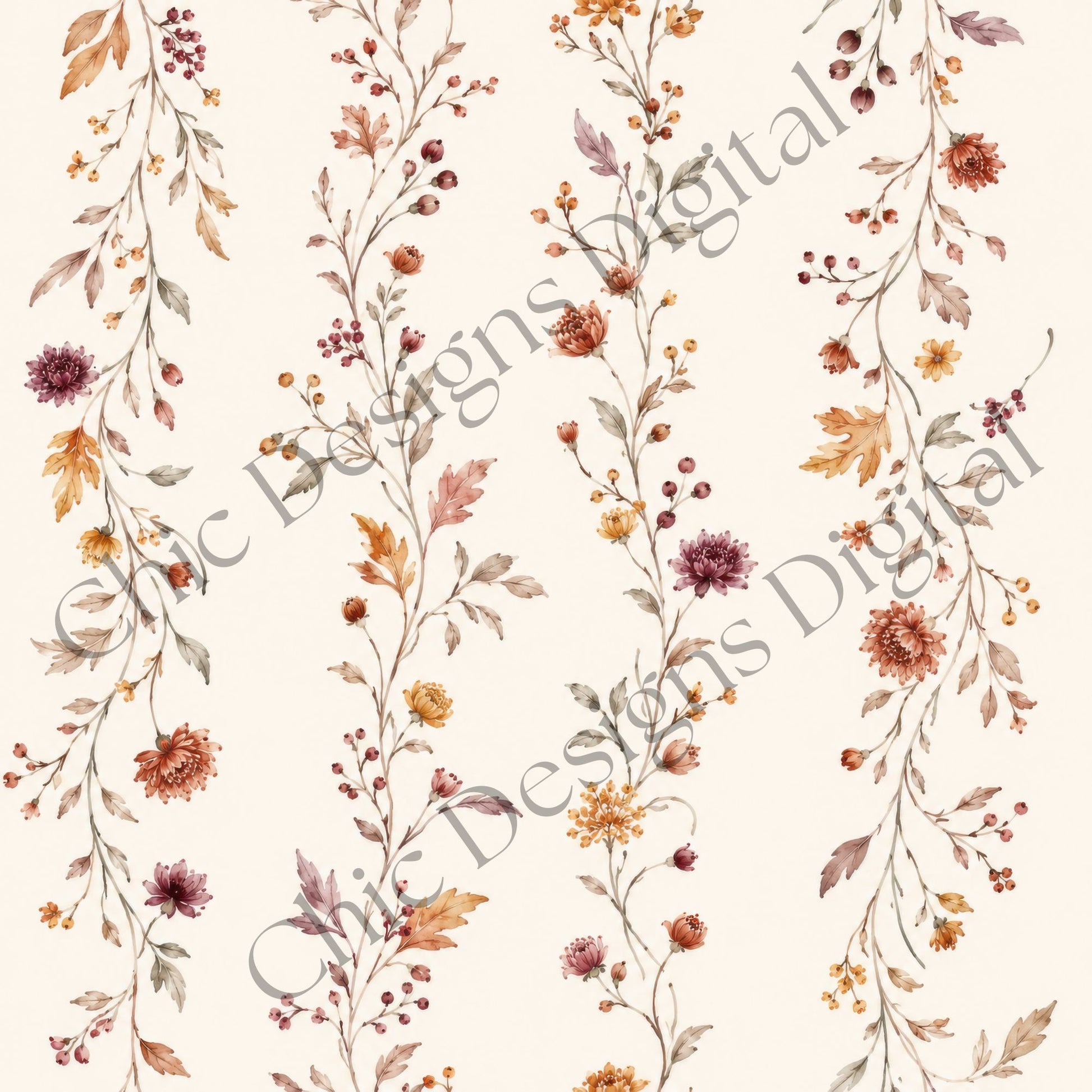 Delicate seamless botanical pattern with trailing flower stems, small chrysanthemums, berries and autumn leaves in burgundy, orange, ochre and muted green.