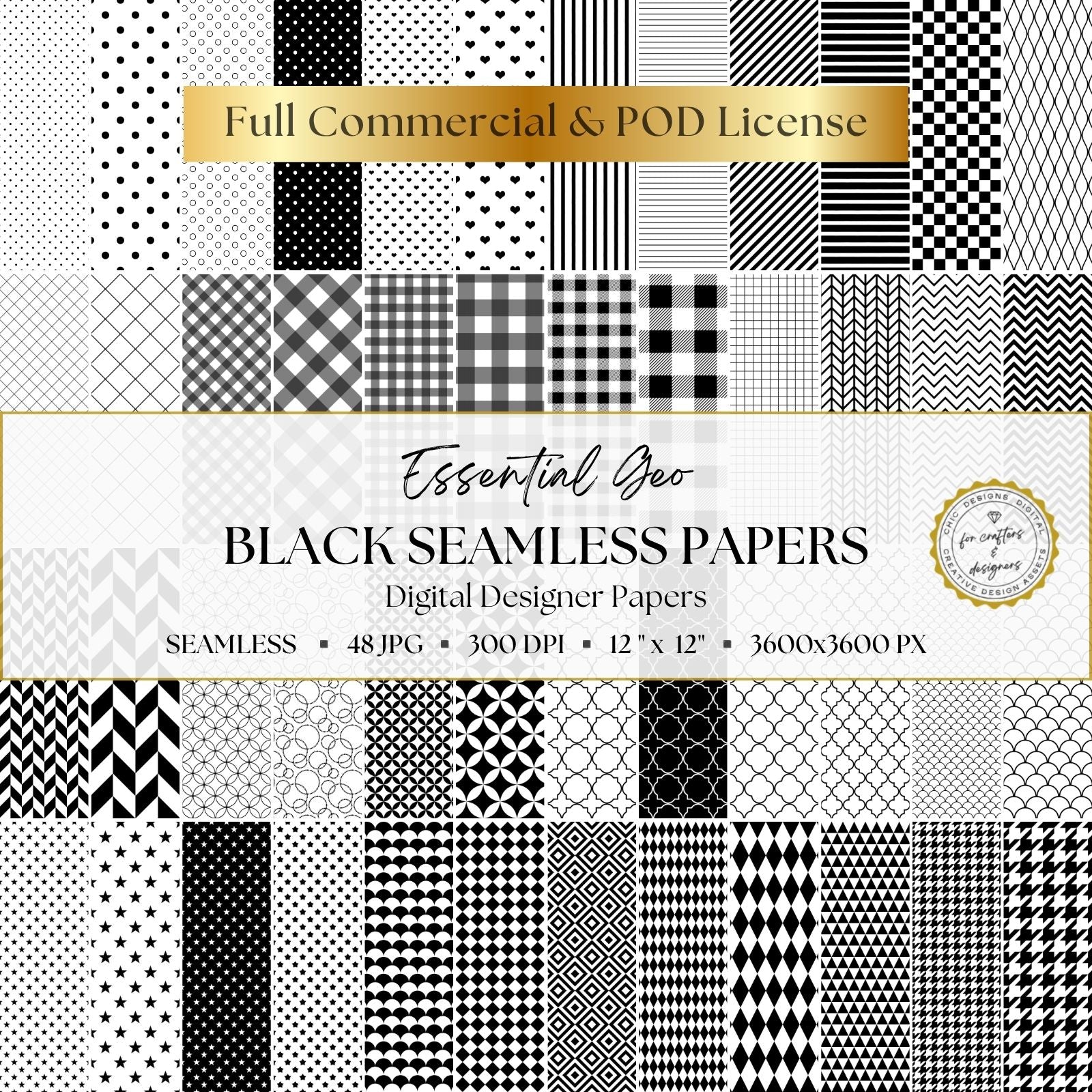 Black and white Essential Geo digital paper collection with 48 seamless geometric patterns, including dots, stripes, checks, stars, hearts, diamonds and chevrons for scrapbooking, junk journals and creative backgrounds.
