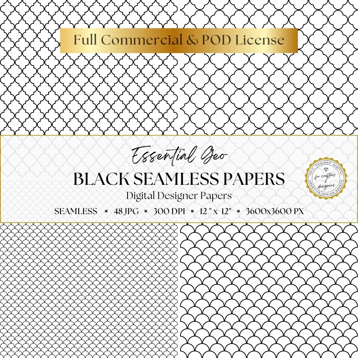 Black and white seamless papers featuring small and large quatrefoil lattice designs with coordinating fine and bold scalloped patterns.
