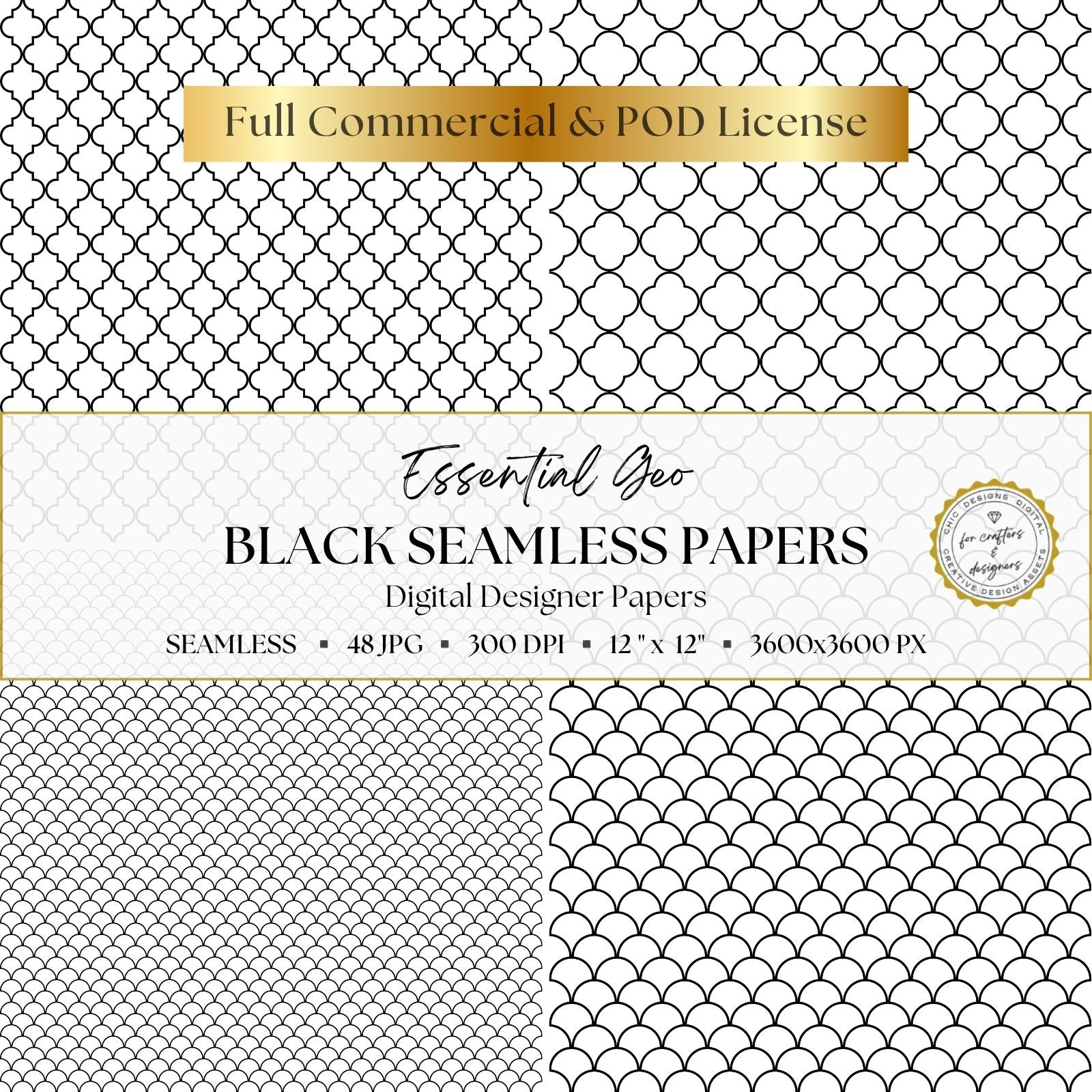 Black and white seamless papers featuring small and large quatrefoil lattice designs with coordinating fine and bold scalloped patterns.