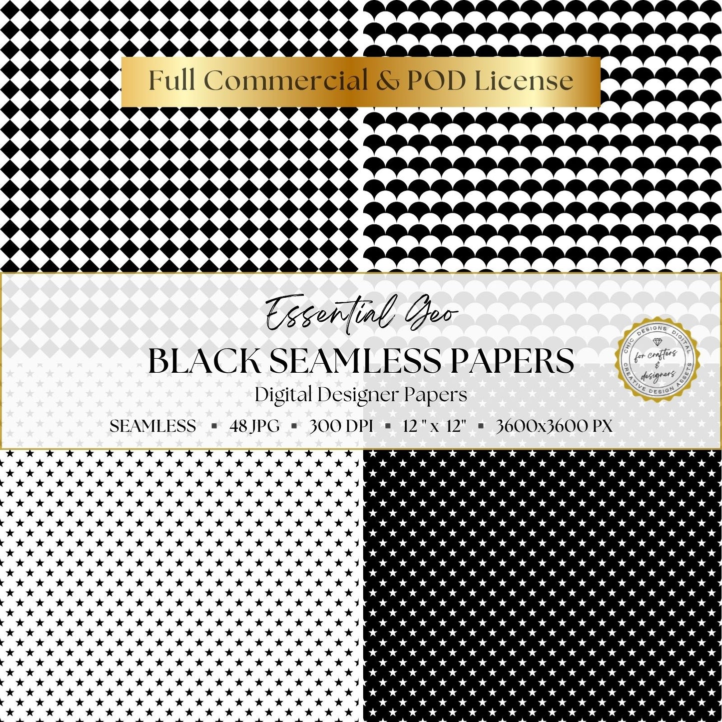 Black and white geometric papers featuring small and large diamond checks, scalloped repeats and coordinating star patterns.