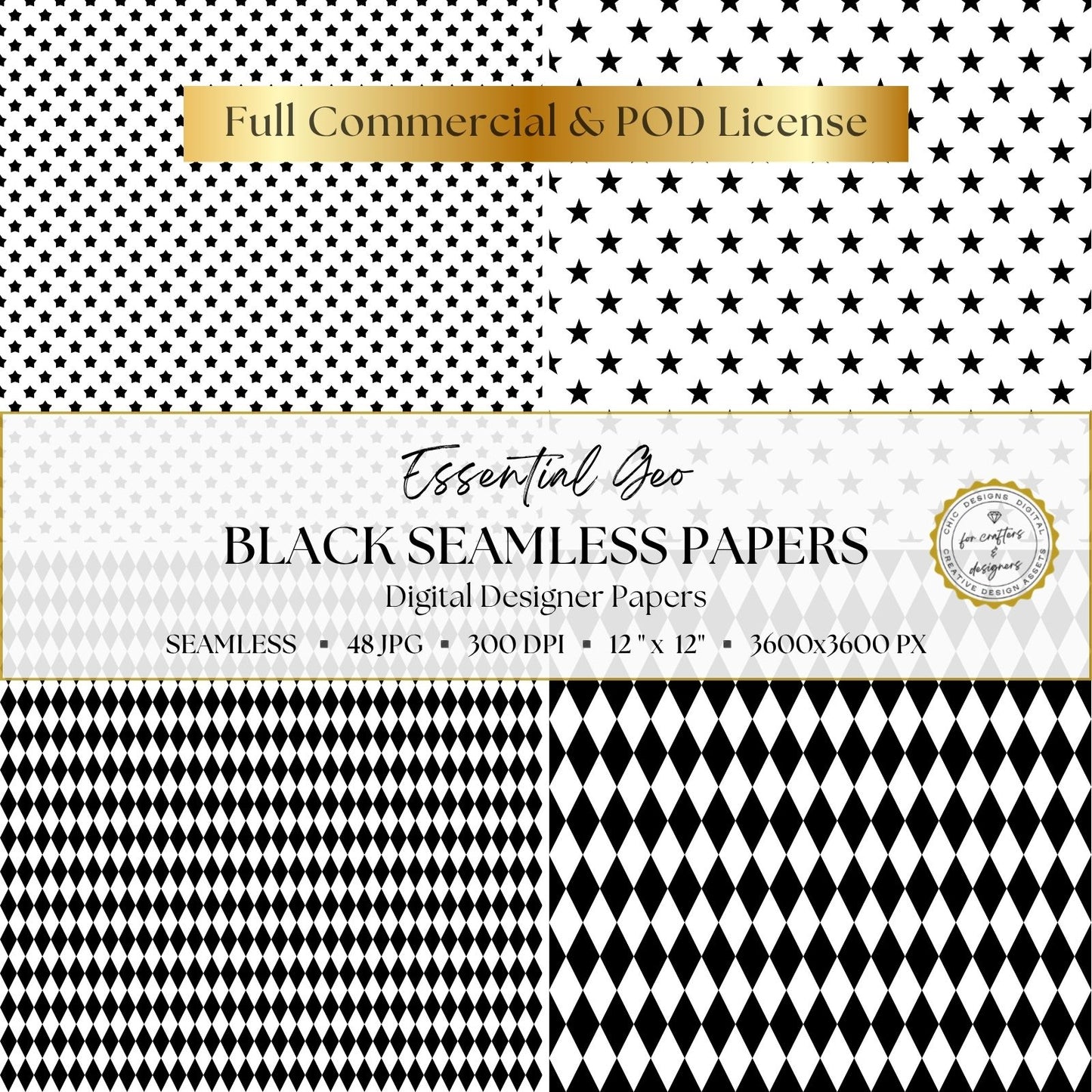 Black and white seamless digital papers featuring fine and bold star patterns with small and large harlequin diamond repeats.