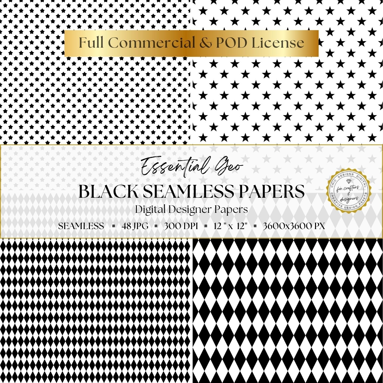 Black and white seamless digital papers featuring fine and bold star patterns with small and large harlequin diamond repeats.