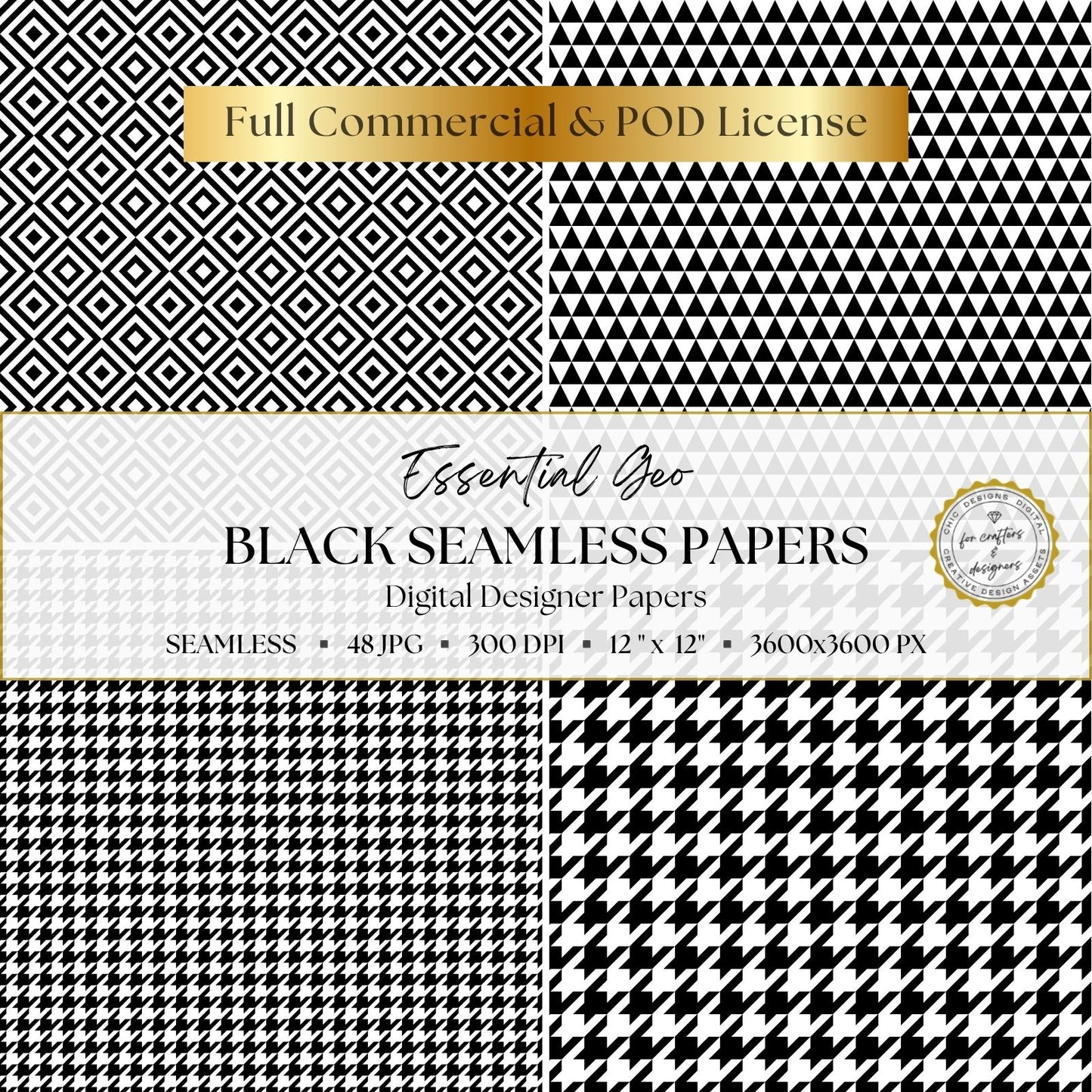 Black and white geometric papers featuring nested diamonds, triangle repeats and small and large houndstooth patterns.