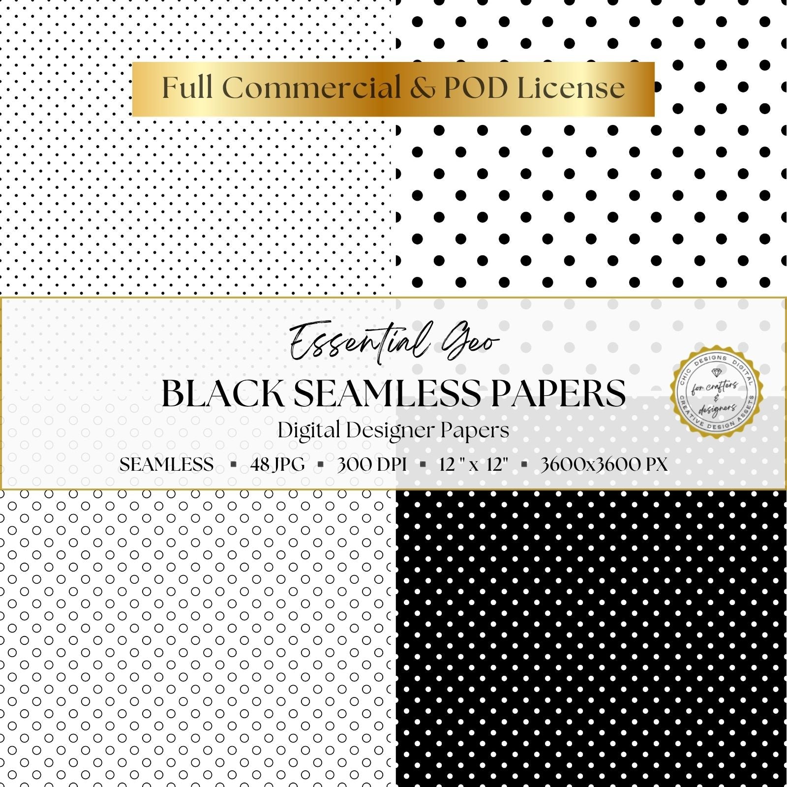 Black and white seamless polka dot digital papers in four coordinating styles, including fine dots, large dots, outlined circles and reversed black backgrounds.