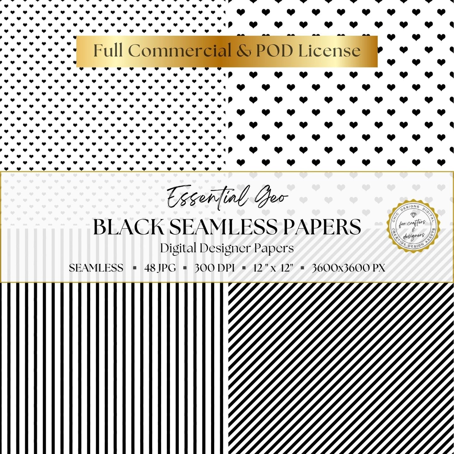 Black and white seamless digital papers featuring small and large heart patterns with narrow vertical and diagonal striped designs.