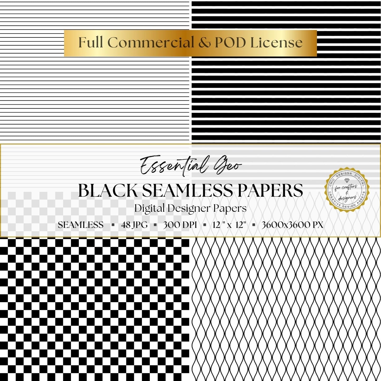 Black and white geometric digital papers featuring fine horizontal lines, bold stripes, checkerboard squares and curved wave patterns.