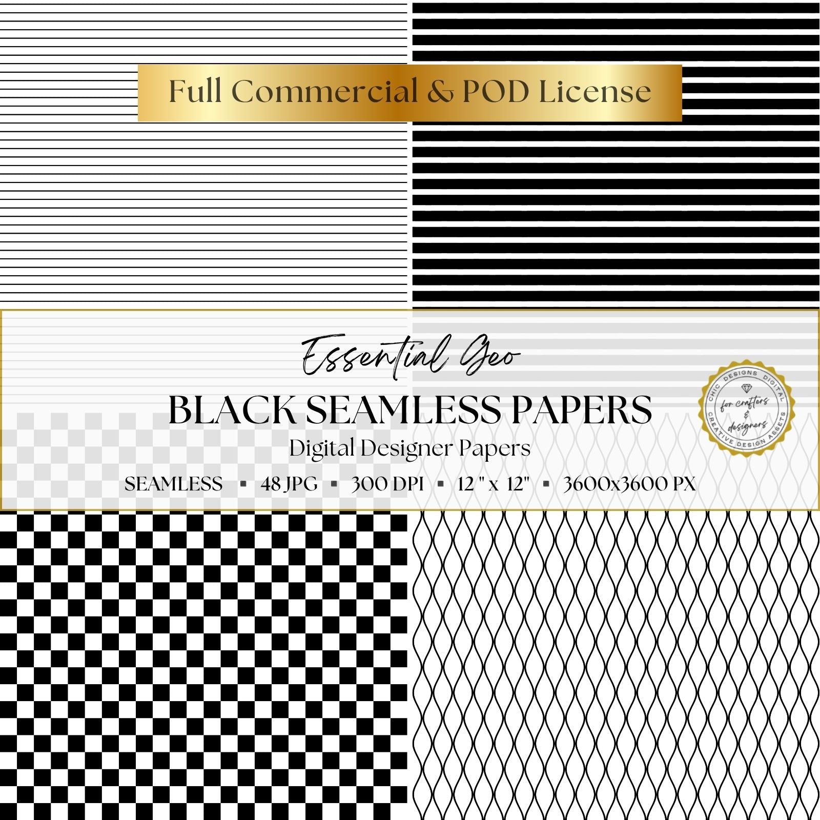 Black and white geometric digital papers featuring fine horizontal lines, bold stripes, checkerboard squares and curved wave patterns.