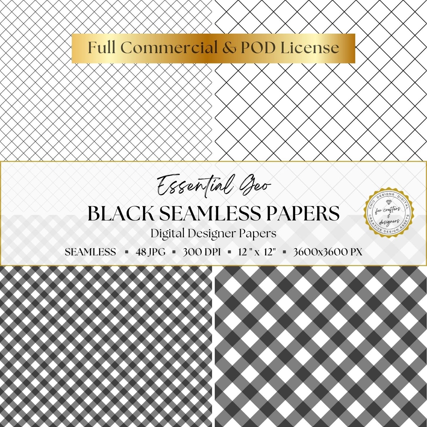 Black, white and grey seamless papers featuring fine diagonal grids, diamond checks and coordinating plaid patterns in several scales.