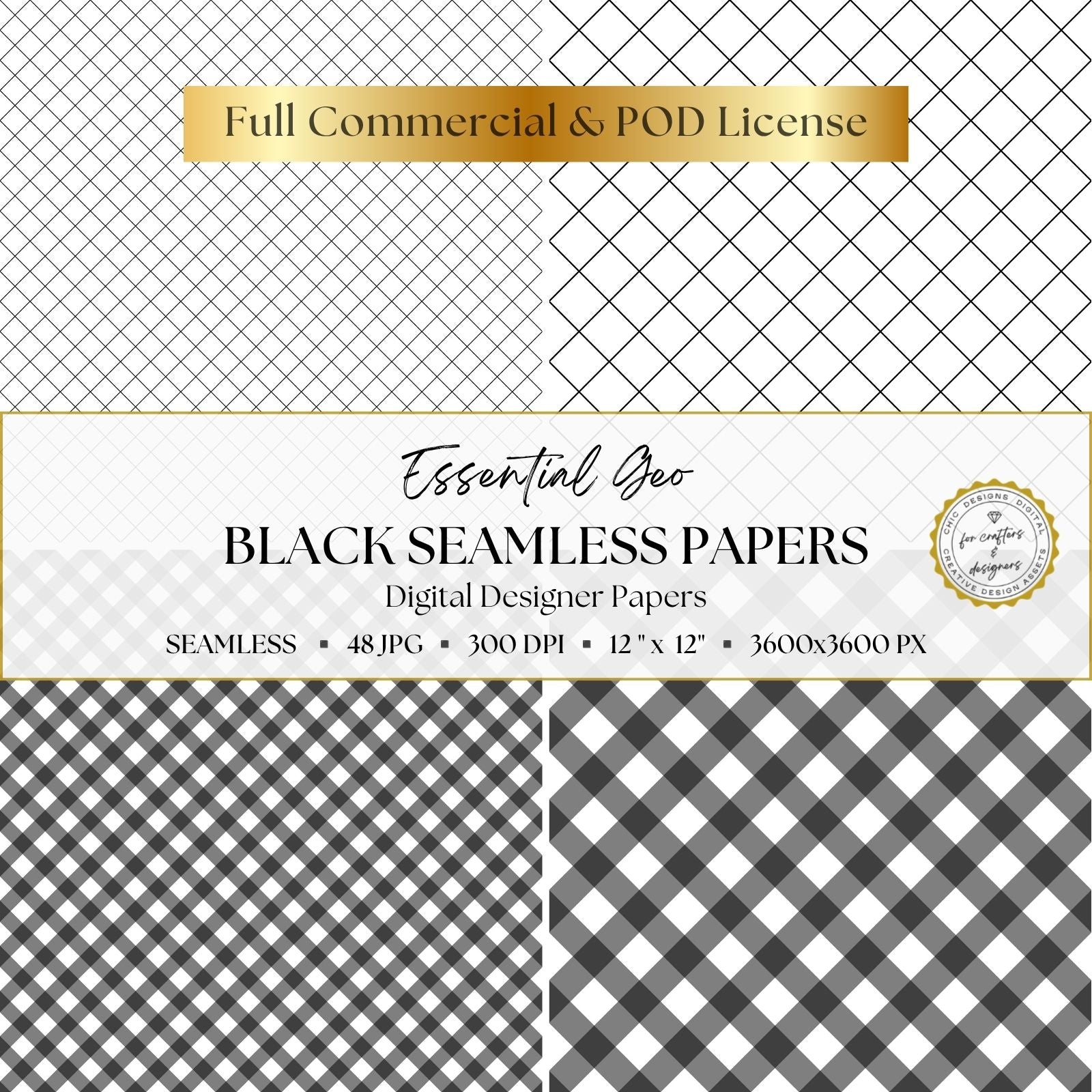Black, white and grey seamless papers featuring fine diagonal grids, diamond checks and coordinating plaid patterns in several scales.