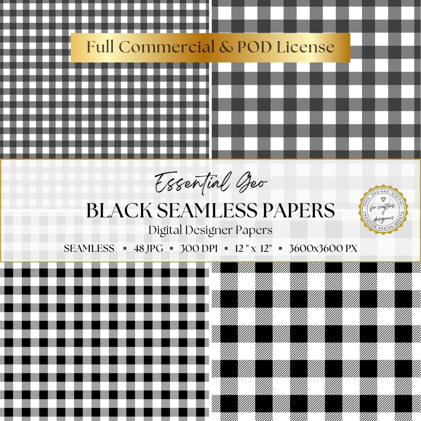 Black, white and grey seamless gingham digital papers featuring fine, medium and large checked patterns in coordinating scales.