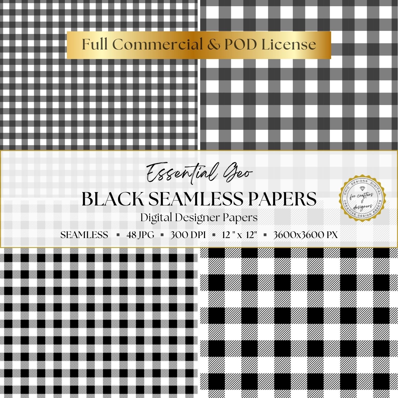 Black, white and grey seamless gingham digital papers featuring fine, medium and large checked patterns in coordinating scales.
