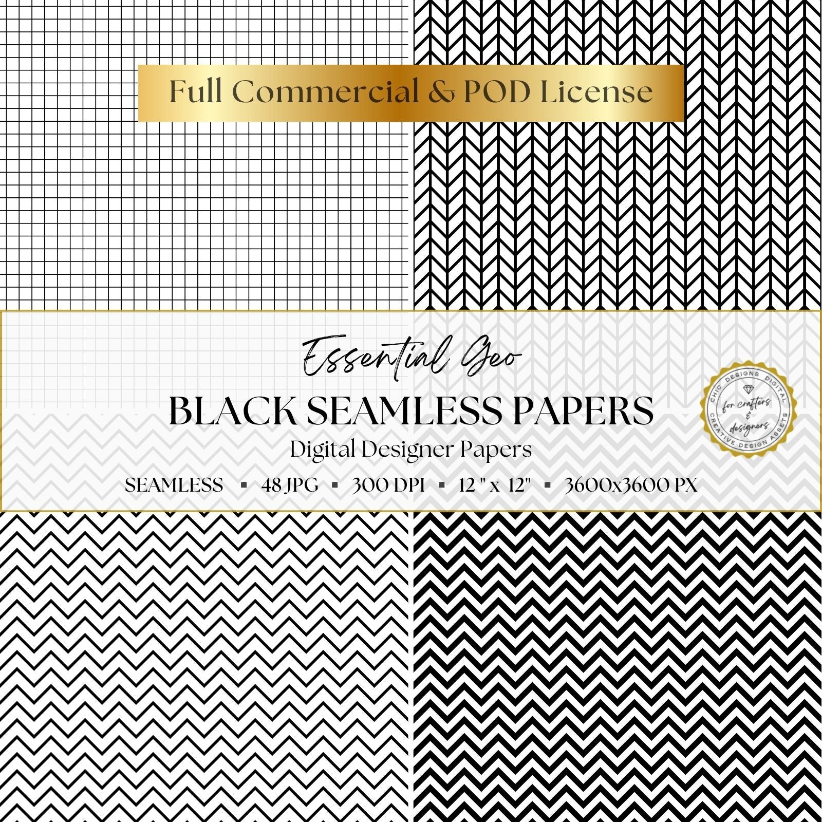 Black and white geometric papers featuring a fine grid, herringbone lines and small and large zigzag chevron patterns.