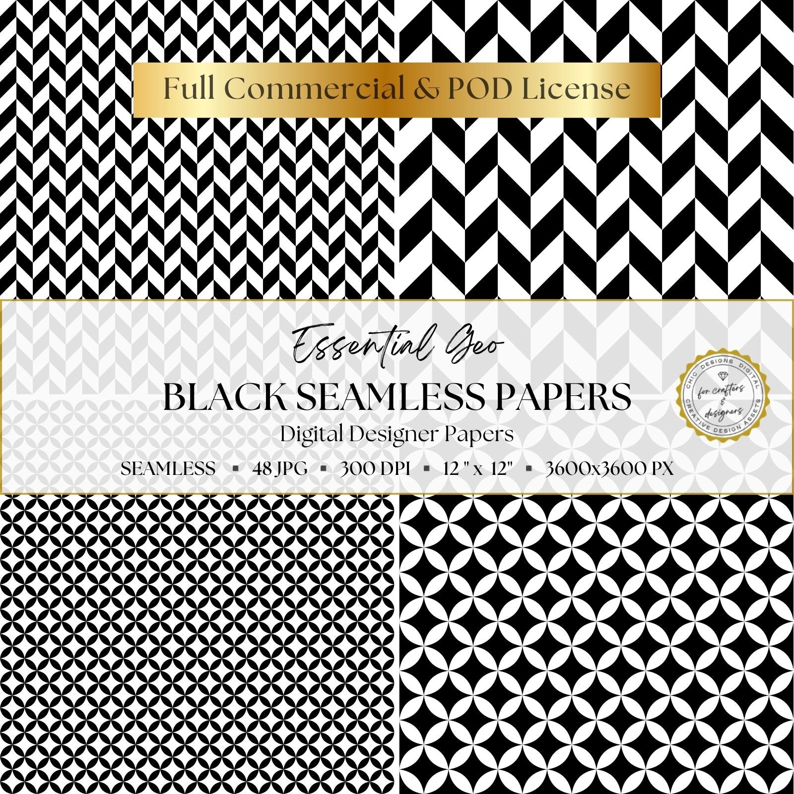 Black and white seamless patterns featuring narrow and bold herringbone designs with repeating circular and petal-shaped geometric motifs