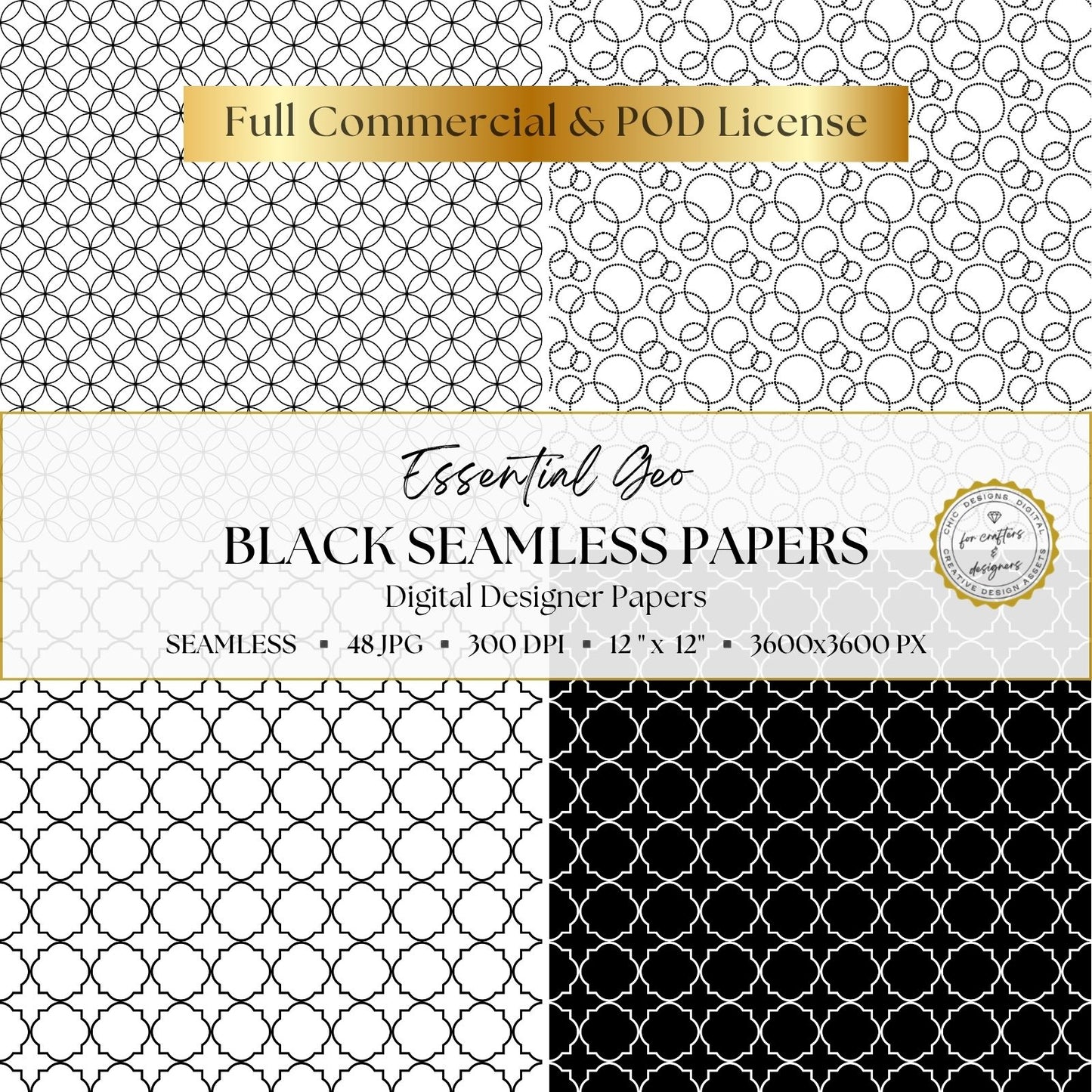Black and white digital papers featuring overlapping circles, dotted rings and coordinating decorative lattice patterns on light and dark backgrounds.