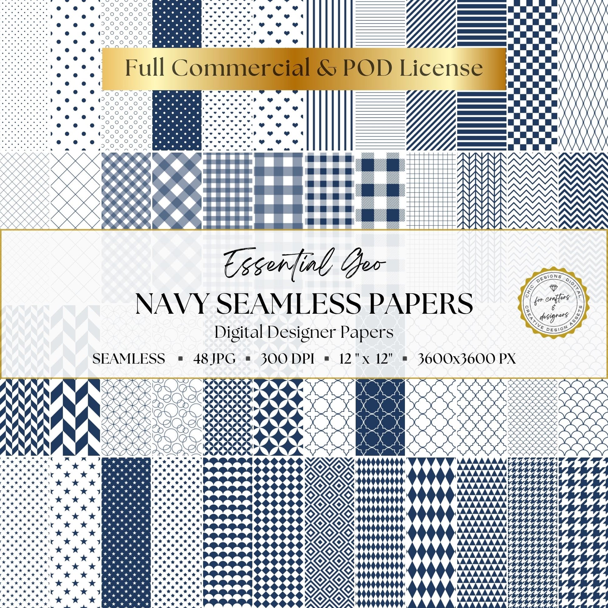 Complete Essential Geo Navy collection featuring 48 navy and white seamless geometric digital papers in coordinating patterns.