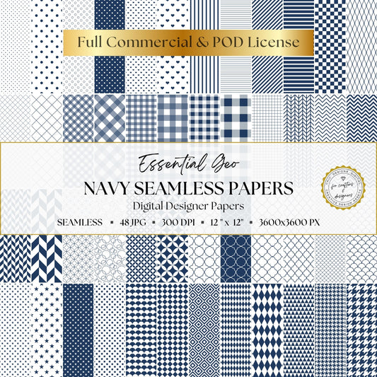 Complete Essential Geo Navy collection featuring 48 navy and white seamless geometric digital papers in coordinating patterns.