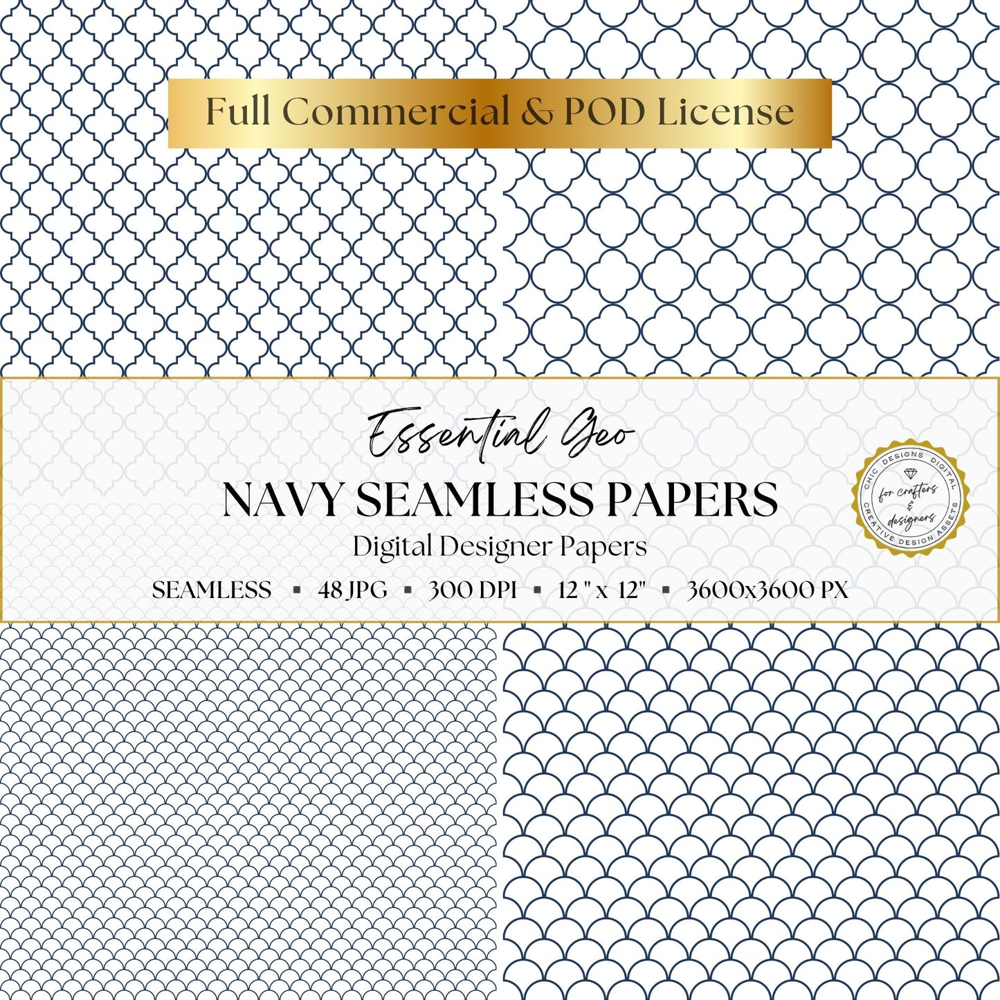 Navy quatrefoil and scallop digital papers shown in coordinating small and large scales.