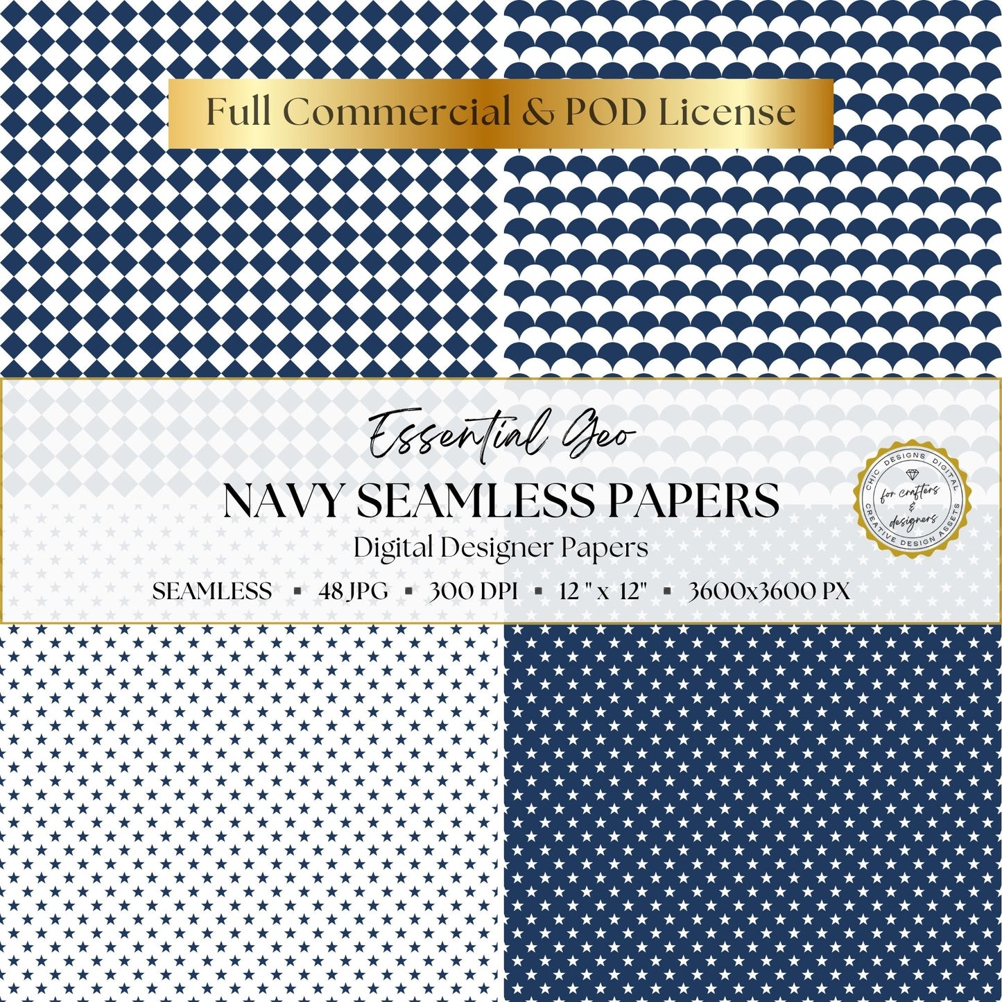 Navy diamond checks, scallops and star patterns with coordinating light and dark backgrounds.