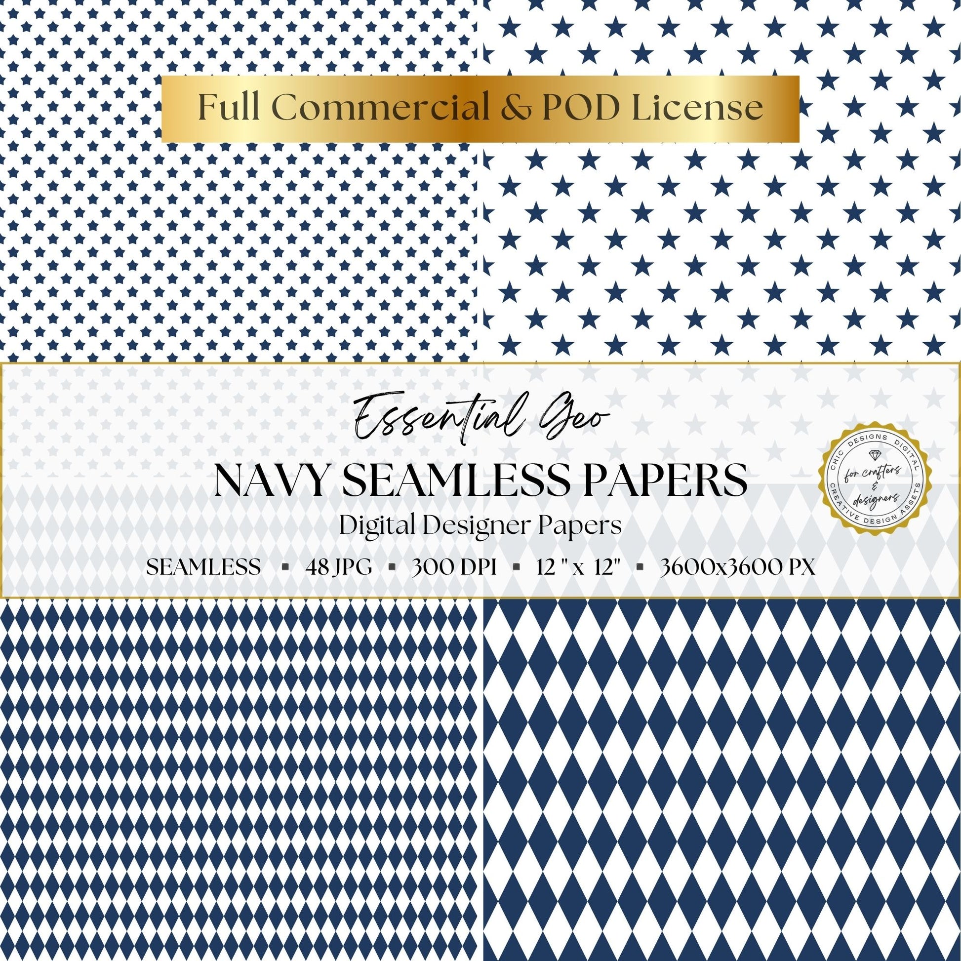 Navy star and harlequin diamond seamless papers shown in small and large-scale variations.