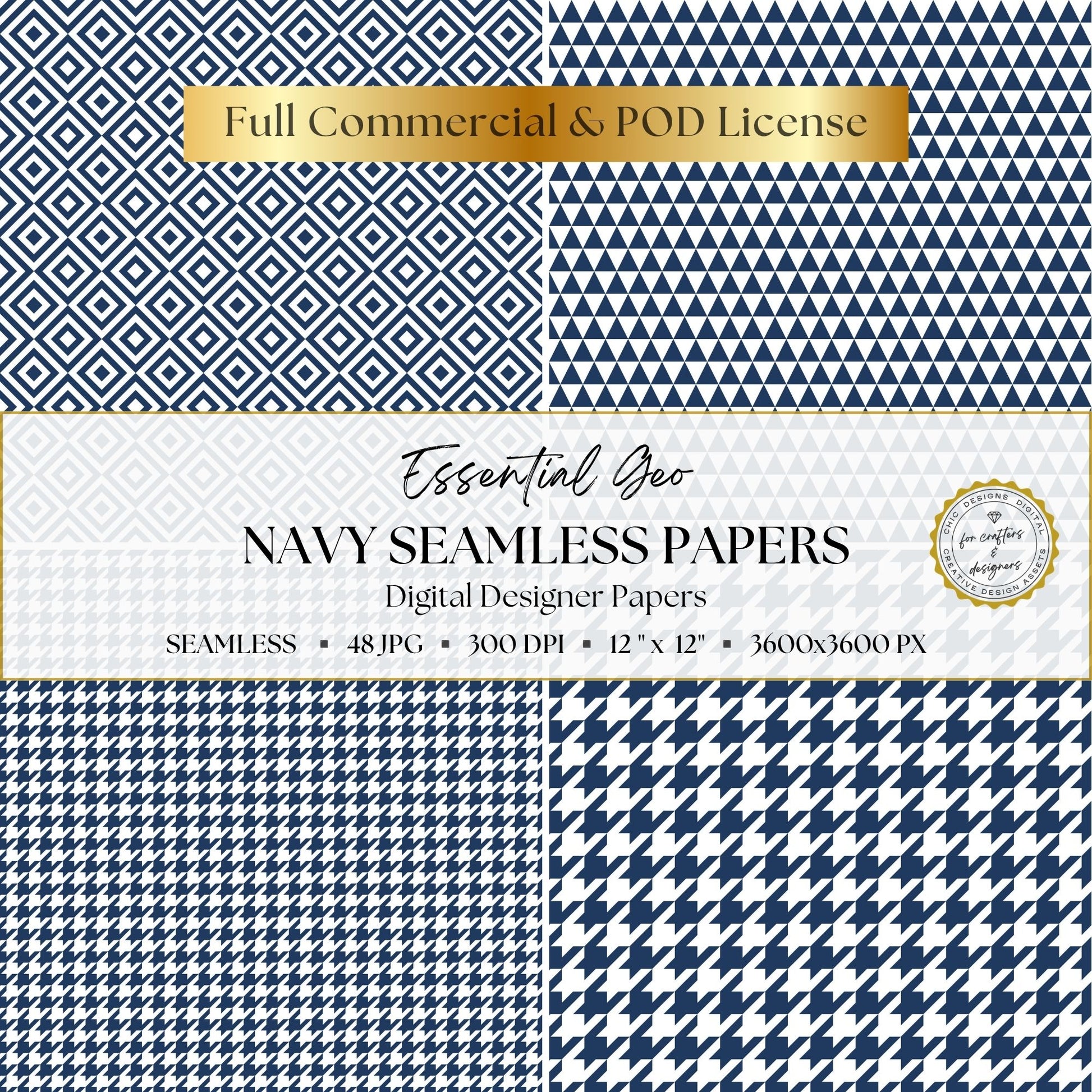 Navy diamond, triangle and houndstooth seamless patterns in coordinating scales and reversed colours.