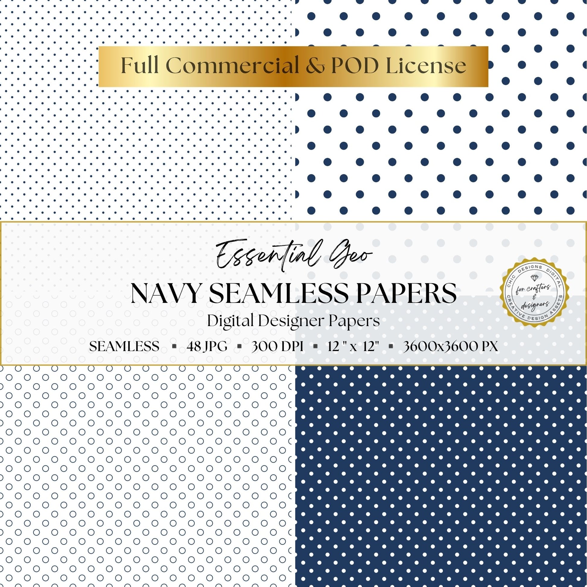 Navy and white seamless dot papers featuring small, large, outlined and reversed polka dot designs.