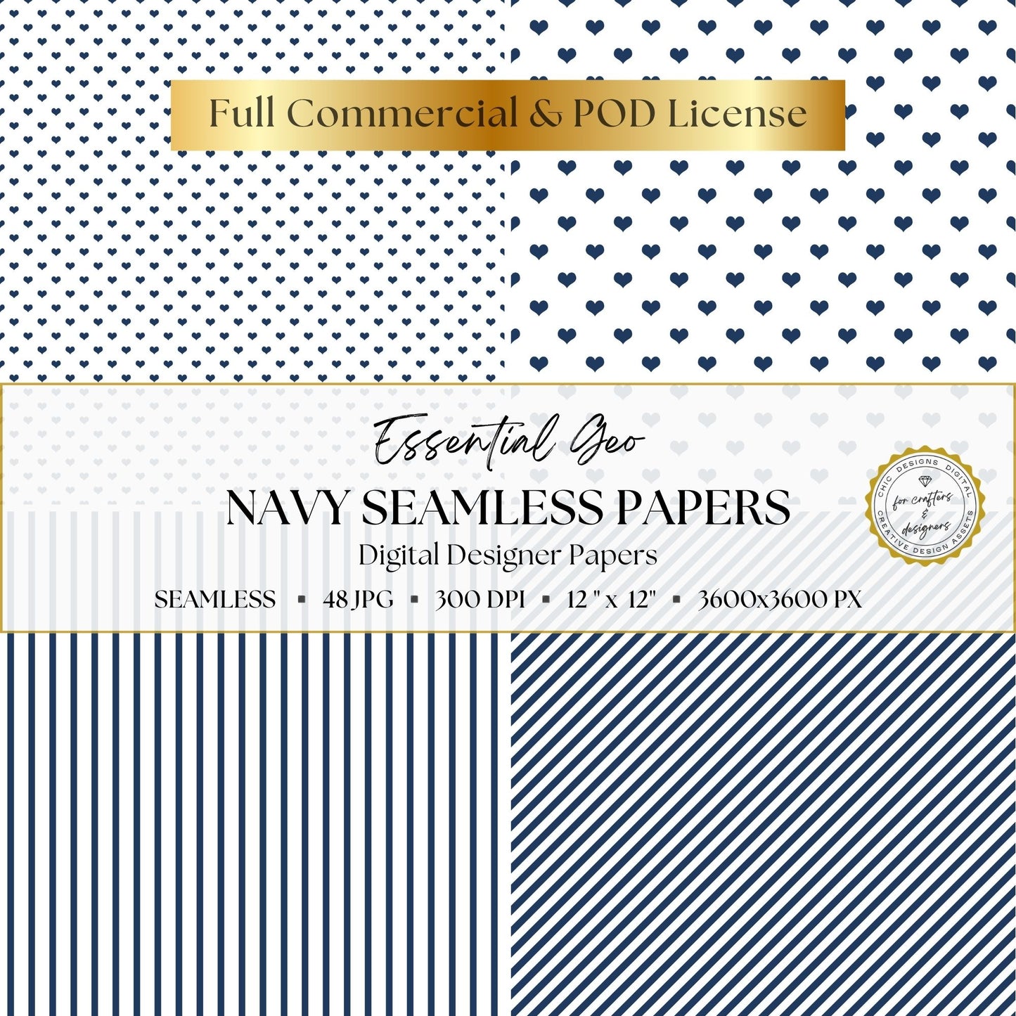 Navy heart patterns in two scales with coordinating vertical and diagonal striped digital papers.