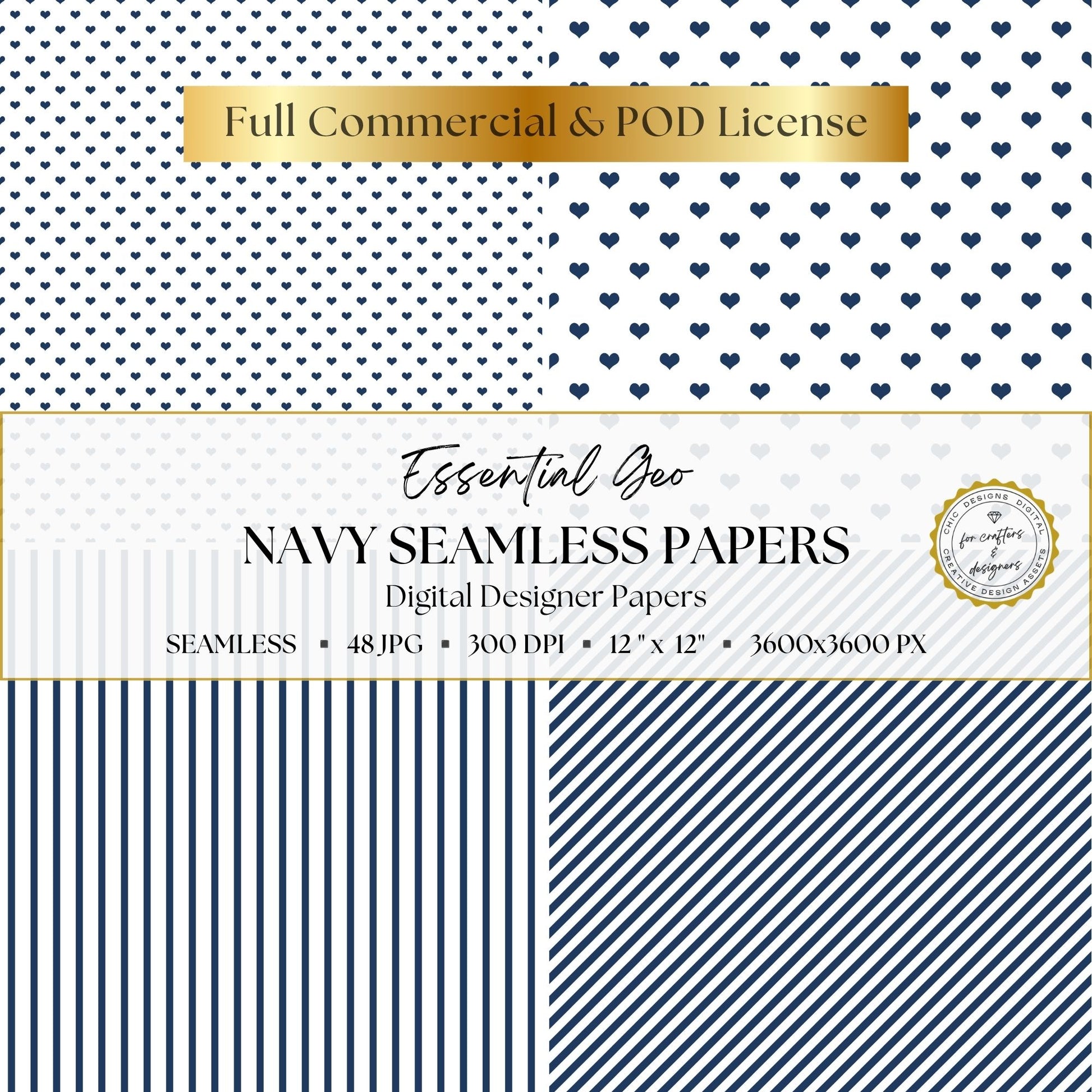 Navy heart patterns in two scales with coordinating vertical and diagonal striped digital papers.