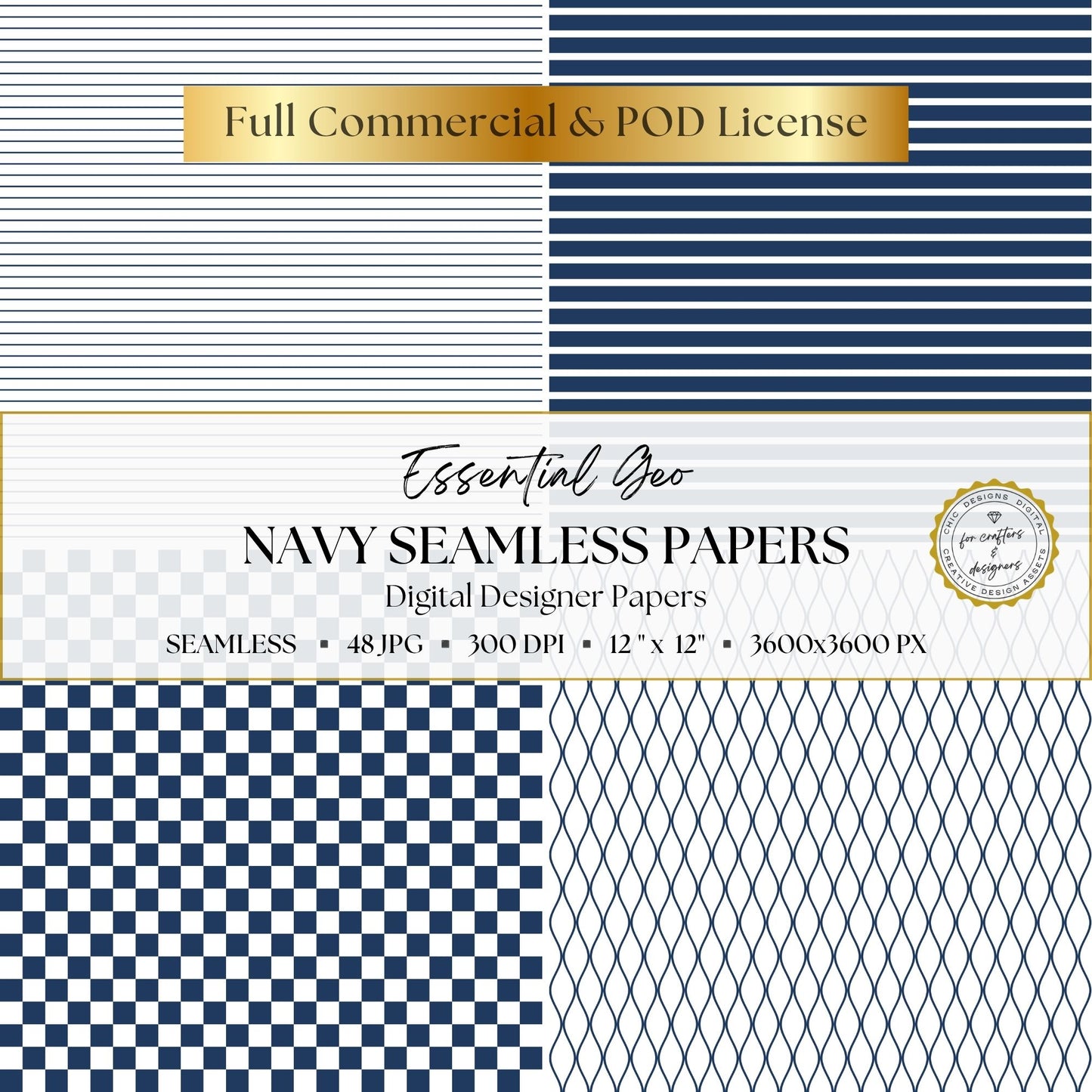 Navy horizontal stripe patterns with coordinating checkerboard and curved lattice seamless papers.