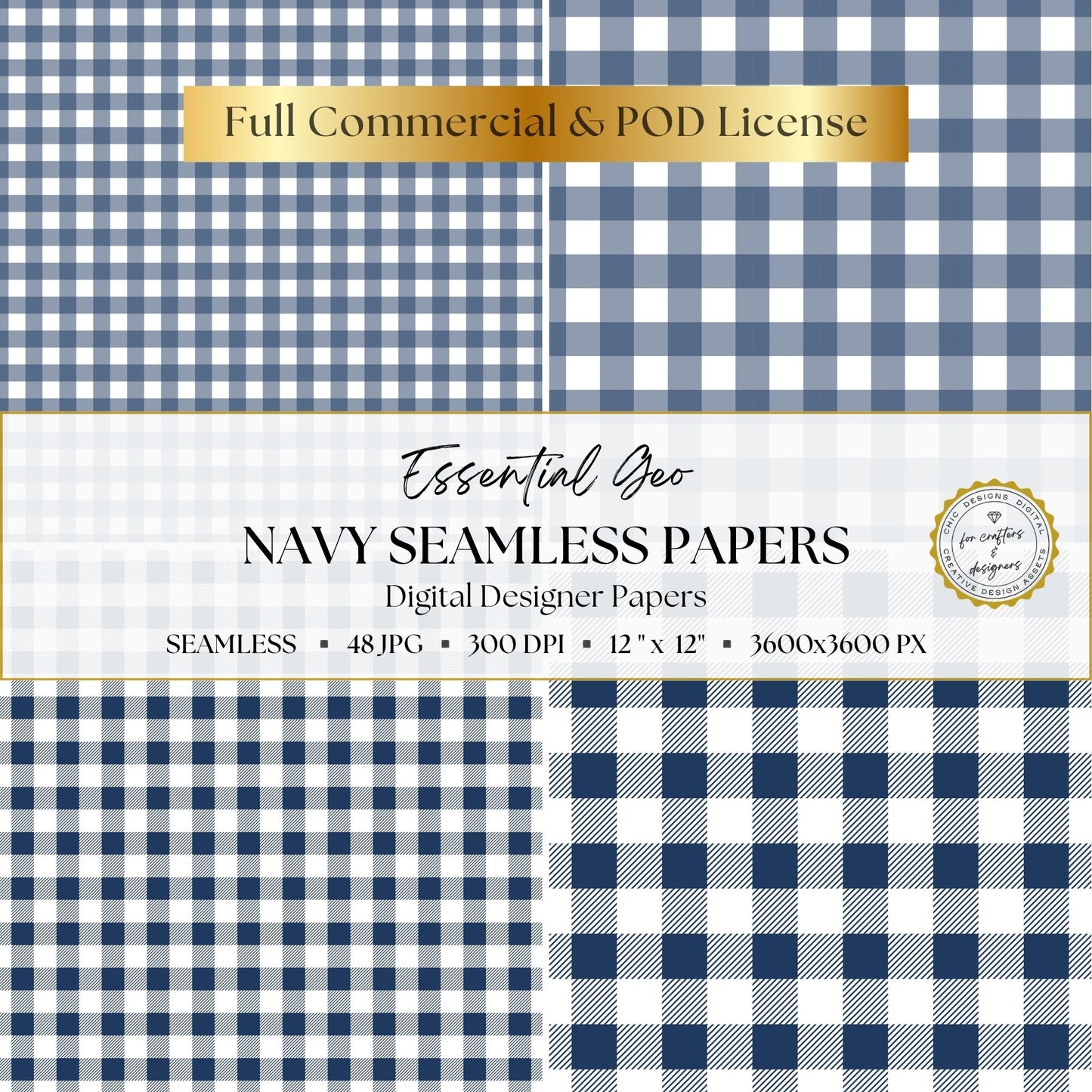 Navy and white gingham and buffalo check digital papers shown in fine and large scales.