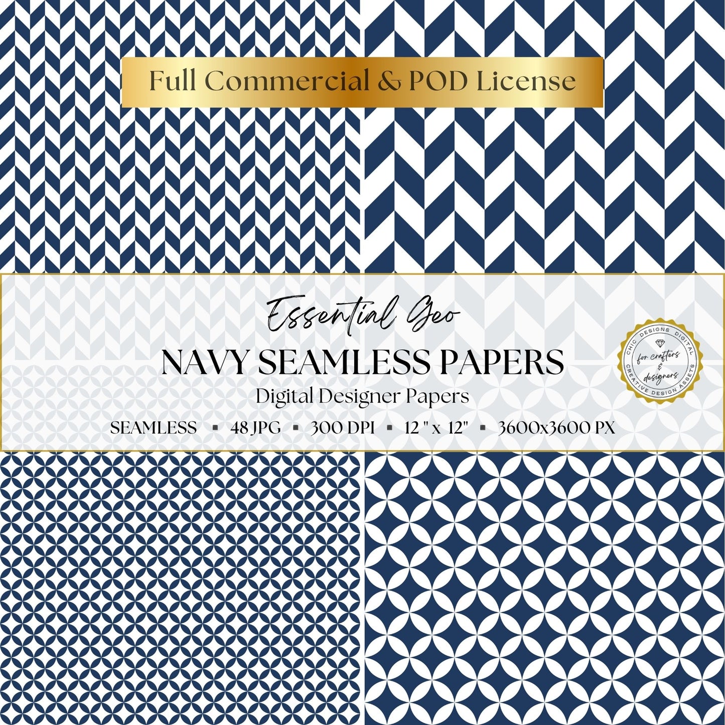 Navy angular geometric and interlocking petal patterns with light and dark reversed designs.