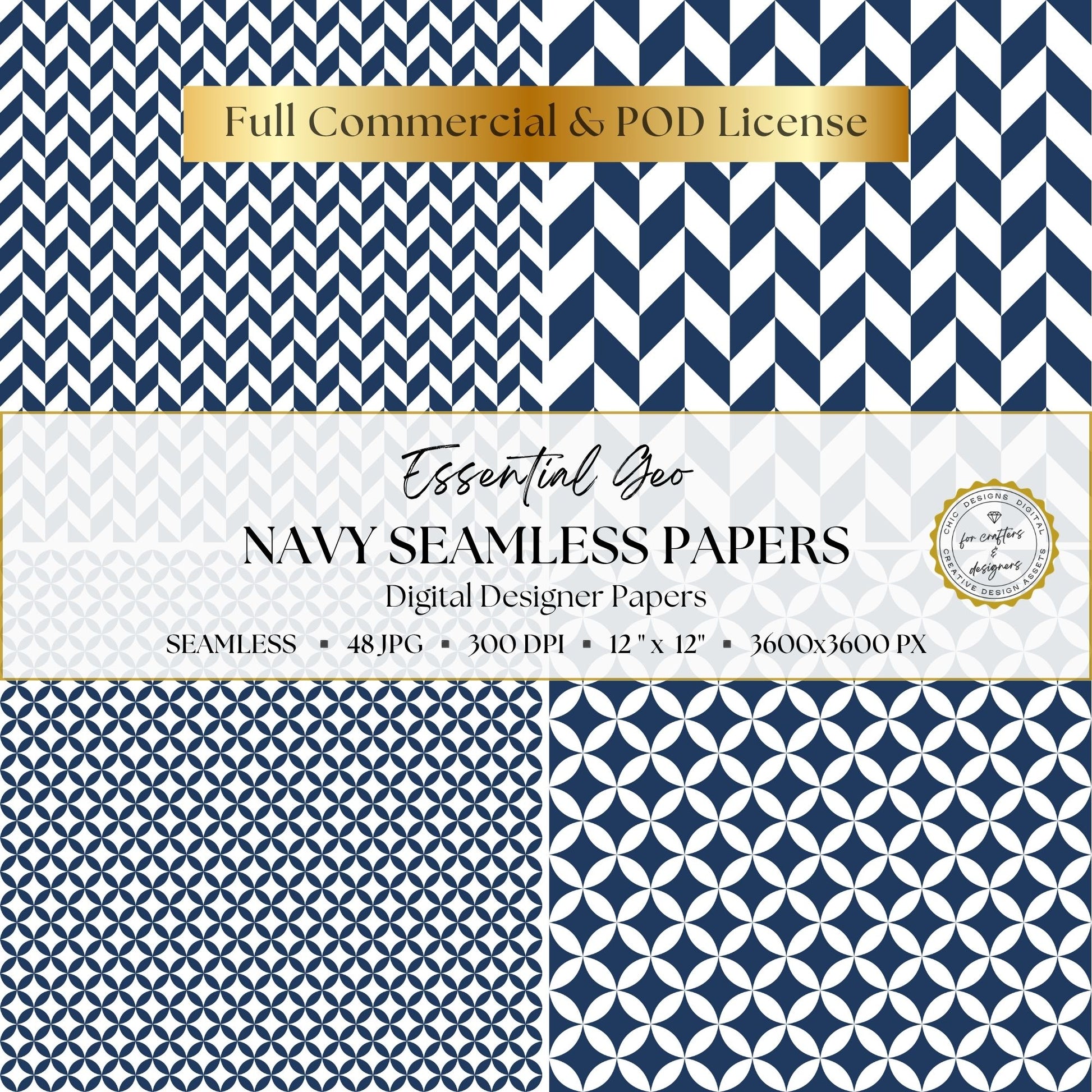 Navy angular geometric and interlocking petal patterns with light and dark reversed designs.