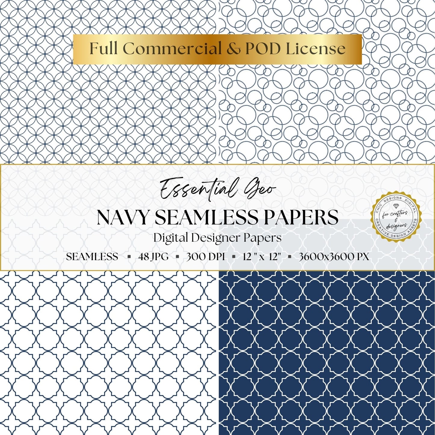 Navy interlocking circle, dotted loop and quatrefoil seamless geometric patterns.