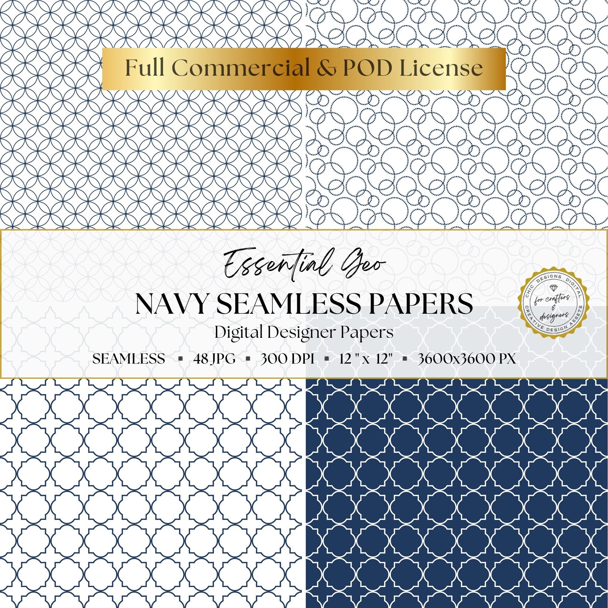 Navy interlocking circle, dotted loop and quatrefoil seamless geometric patterns.