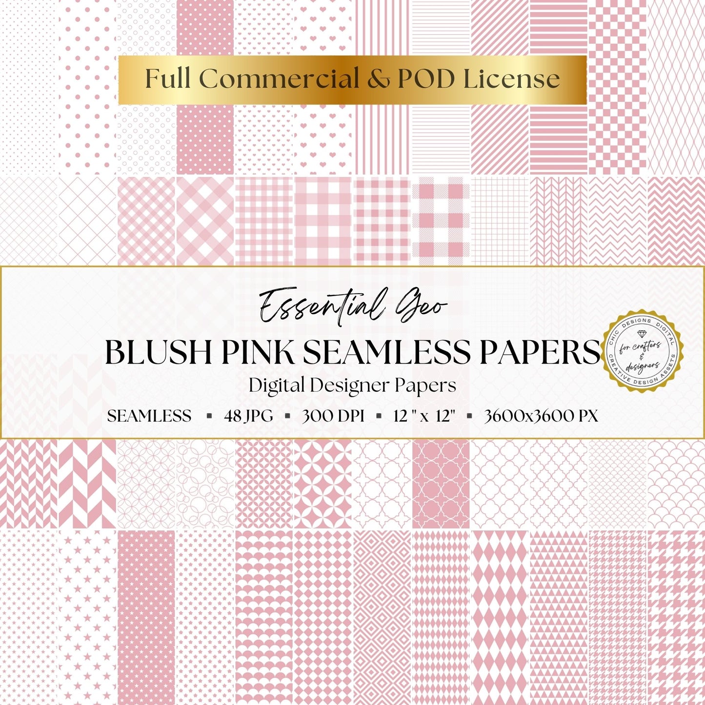 Blush pink Essential Geo collection of 48 seamless geometric digital papers with dots, stripes, checks, hearts, stars and repeating patterns.