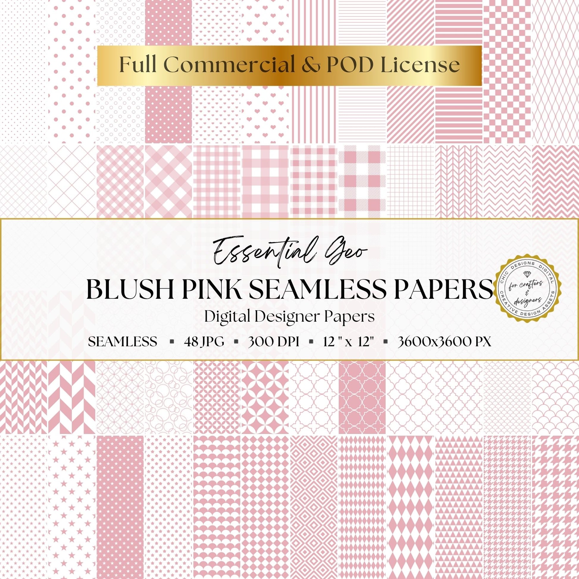 Blush pink Essential Geo collection of 48 seamless geometric digital papers with dots, stripes, checks, hearts, stars and repeating patterns.