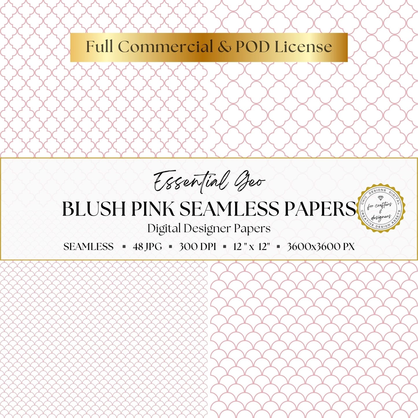 Blush pink and white geometric papers featuring small and large quatrefoil lattice designs with coordinating scallop patterns.