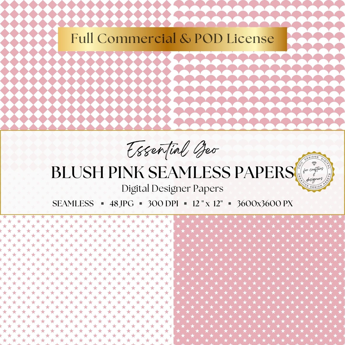 Blush pink seamless papers with diamond checks, repeating scallops and small and large star patterns.