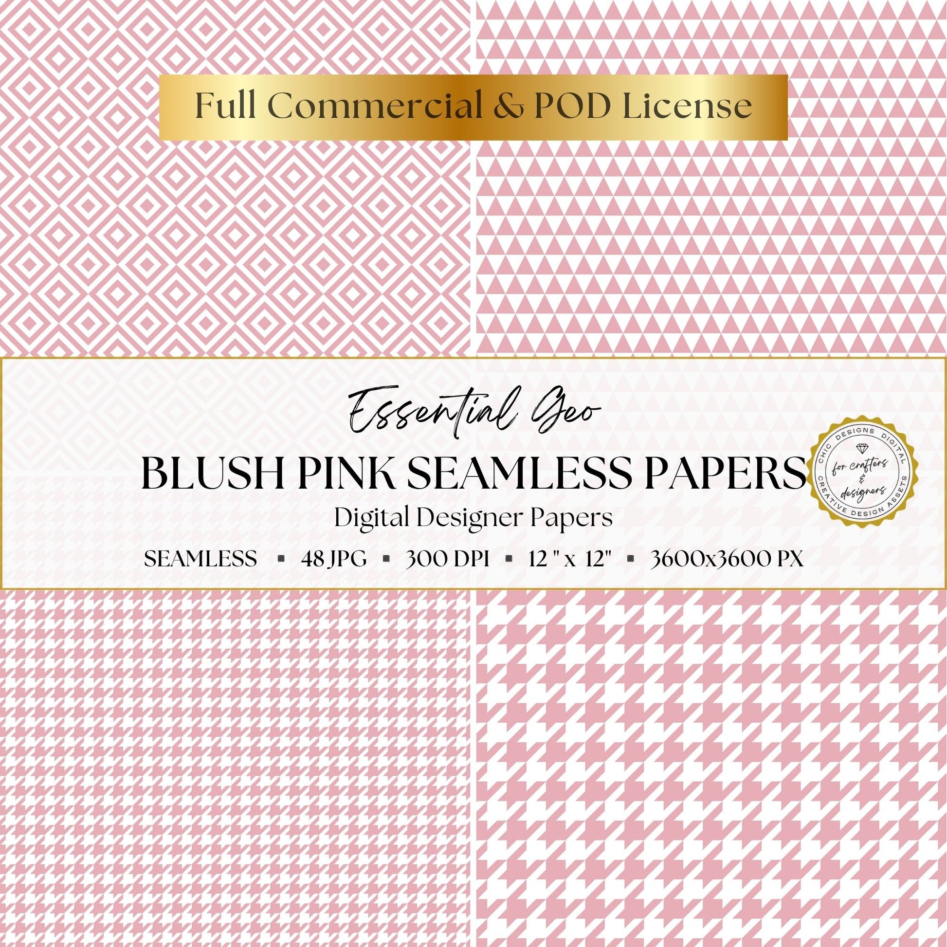 Blush pink geometric digital papers featuring nested diamonds, repeating triangles and small and large houndstooth patterns.