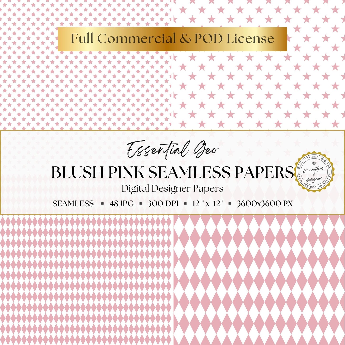Blush pink seamless papers with small and large stars alongside coordinating narrow and wide argyle diamond patterns.