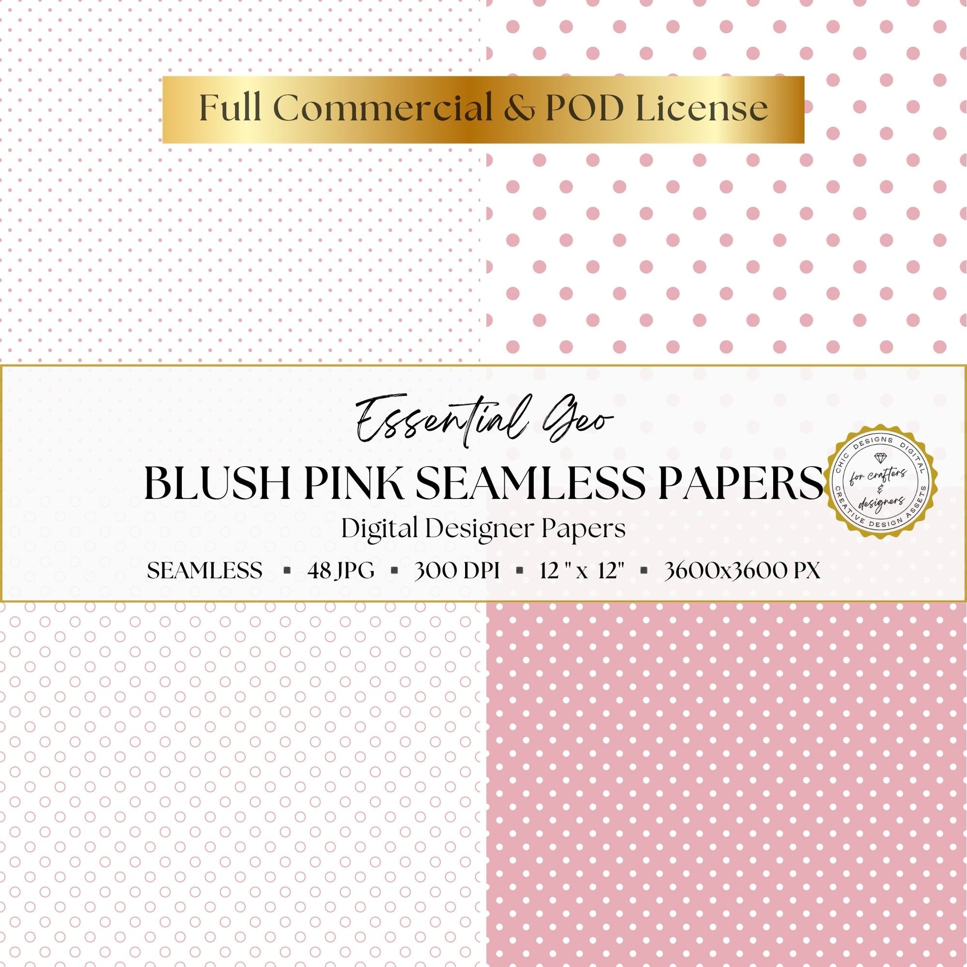 Blush pink and white seamless polka dot digital papers in four variations, including fine dots, large dots and reversed pink.