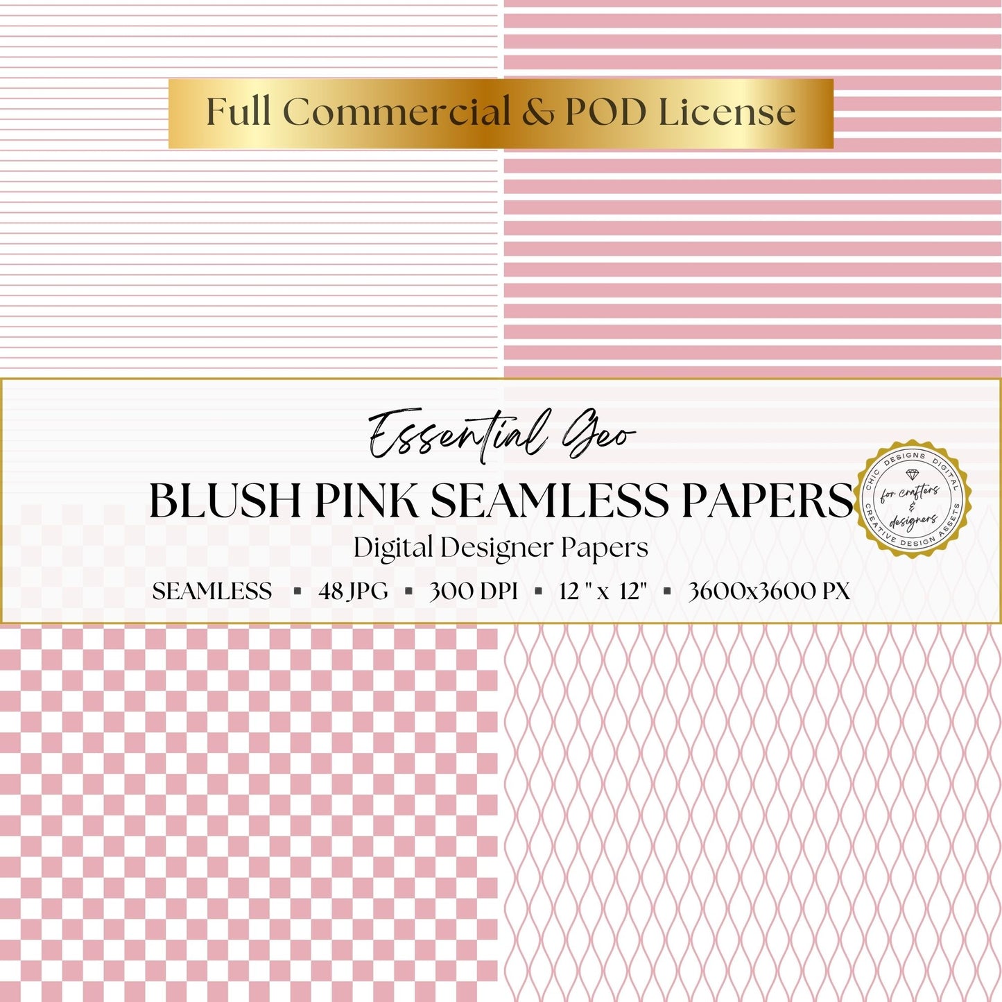 Blush pink and white geometric papers with horizontal stripes, checkerboard and curved lattice patterns.