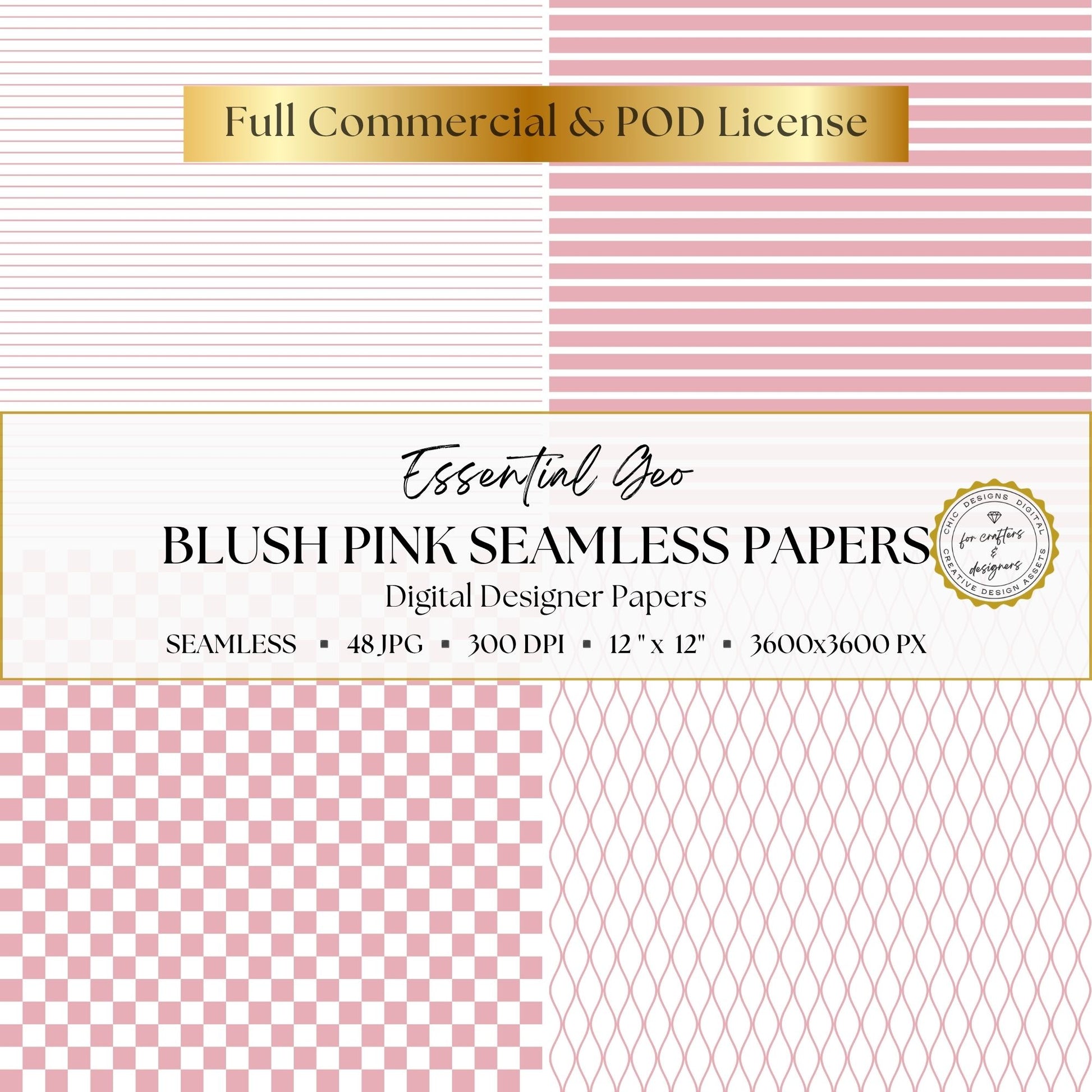 Blush pink and white geometric papers with horizontal stripes, checkerboard and curved lattice patterns.