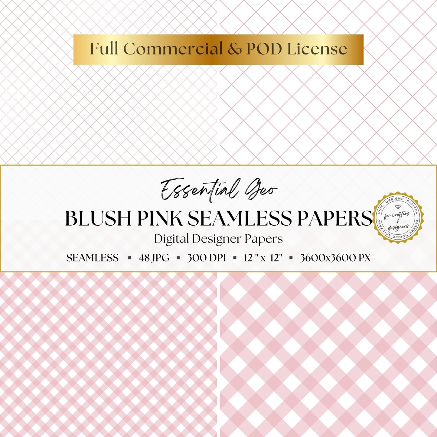 Blush pink seamless papers featuring fine and wide diagonal lattice patterns with small and large gingham checks.