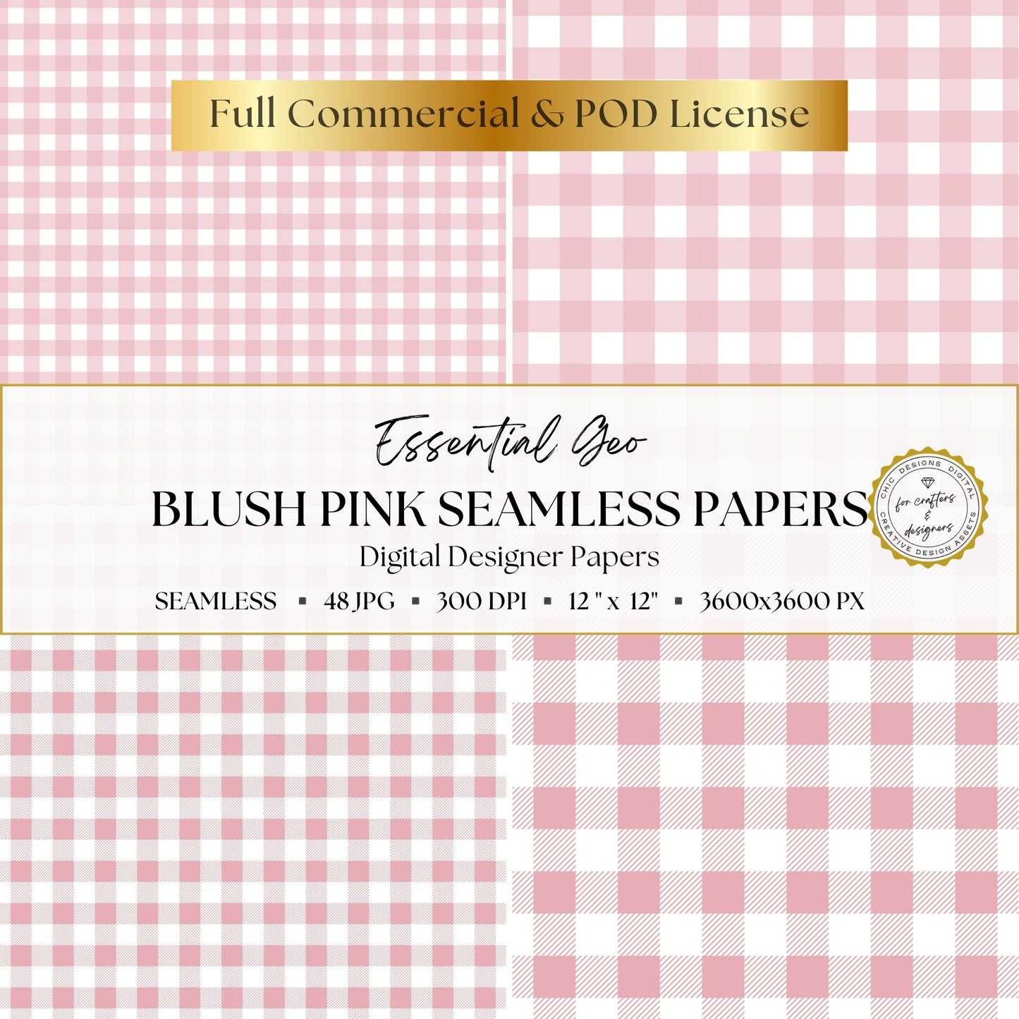 Blush pink and white gingham and plaid digital papers in four coordinating pattern scales.